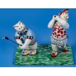 "Golfendes Katzenpaar", Villeroy & Boch, Mettlach, 20./21. Jhdt., polychrom staffiertes Weißporzell