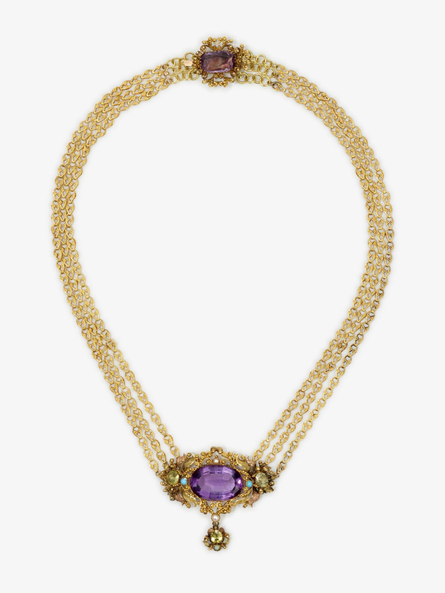 Historisches Collier und Ohrgehänge verziert mit Amethysten, Peridot, Türkisen und einer Perle - Bild 2 aus 3