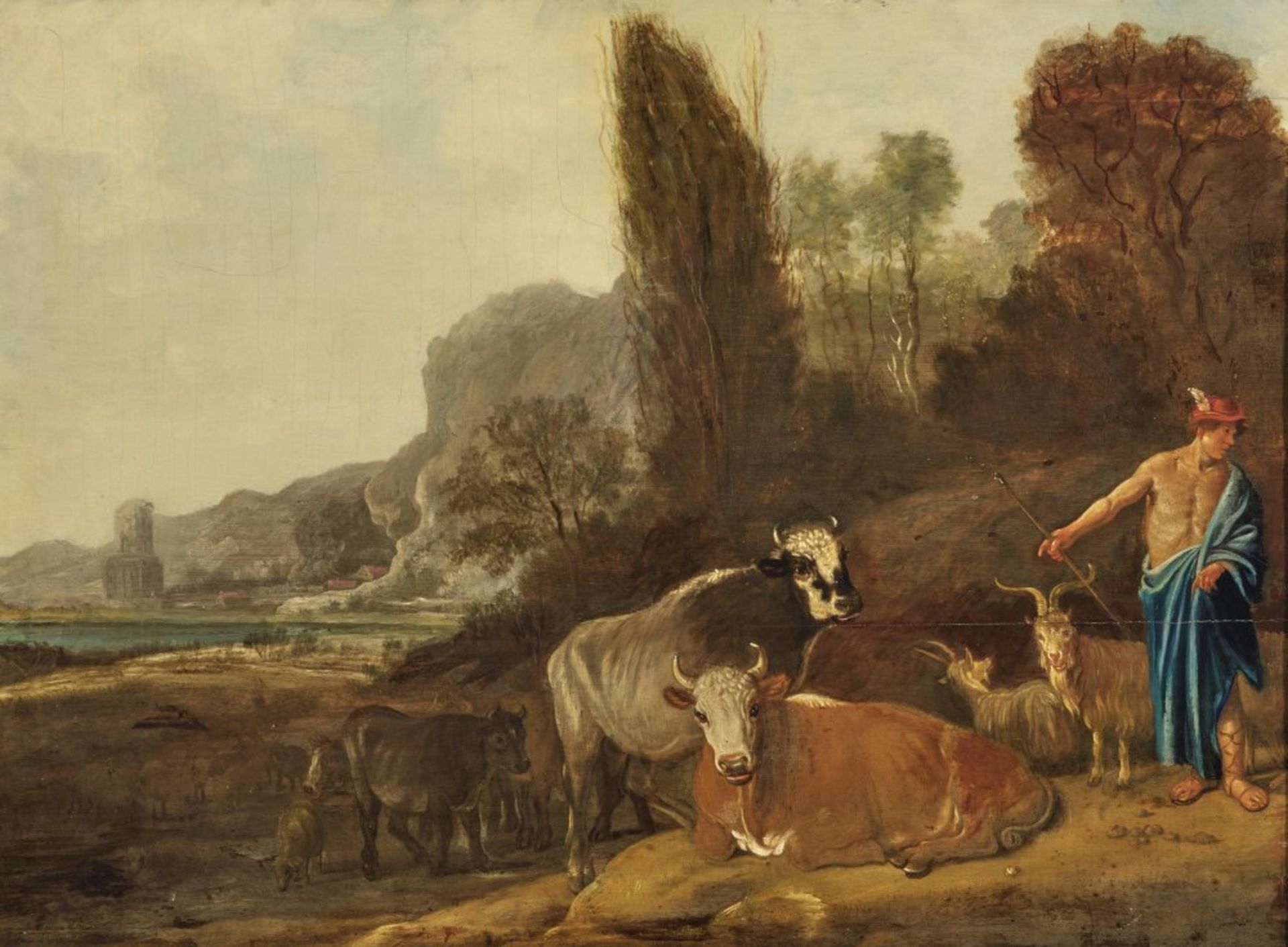 Arkadische Landschaft mit Hirten und Kühen