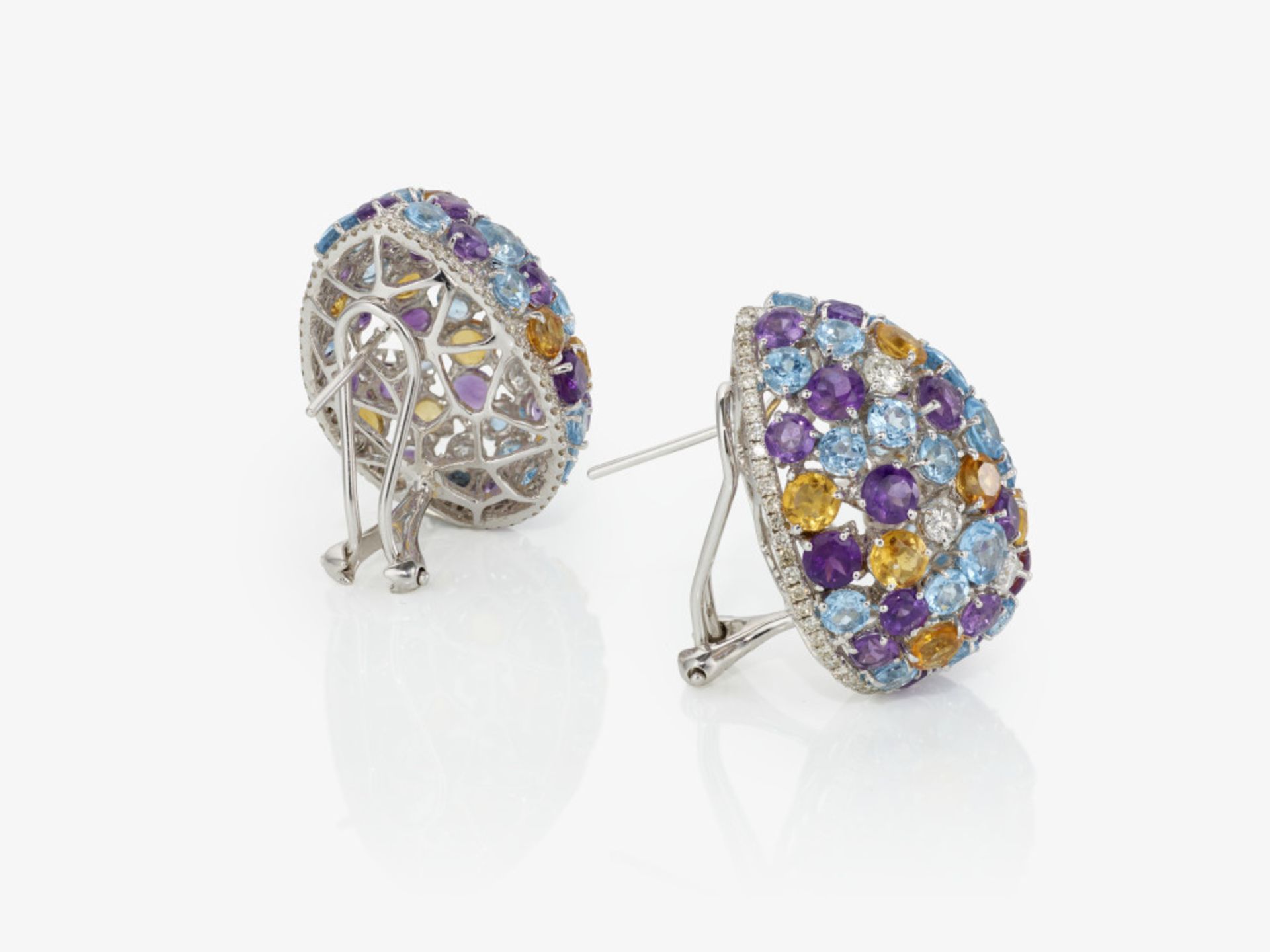 A pair of stud earrings decorated with brilliant cut diamonds, amethysts, citrines and topazes  - Ge - Image 2 of 2