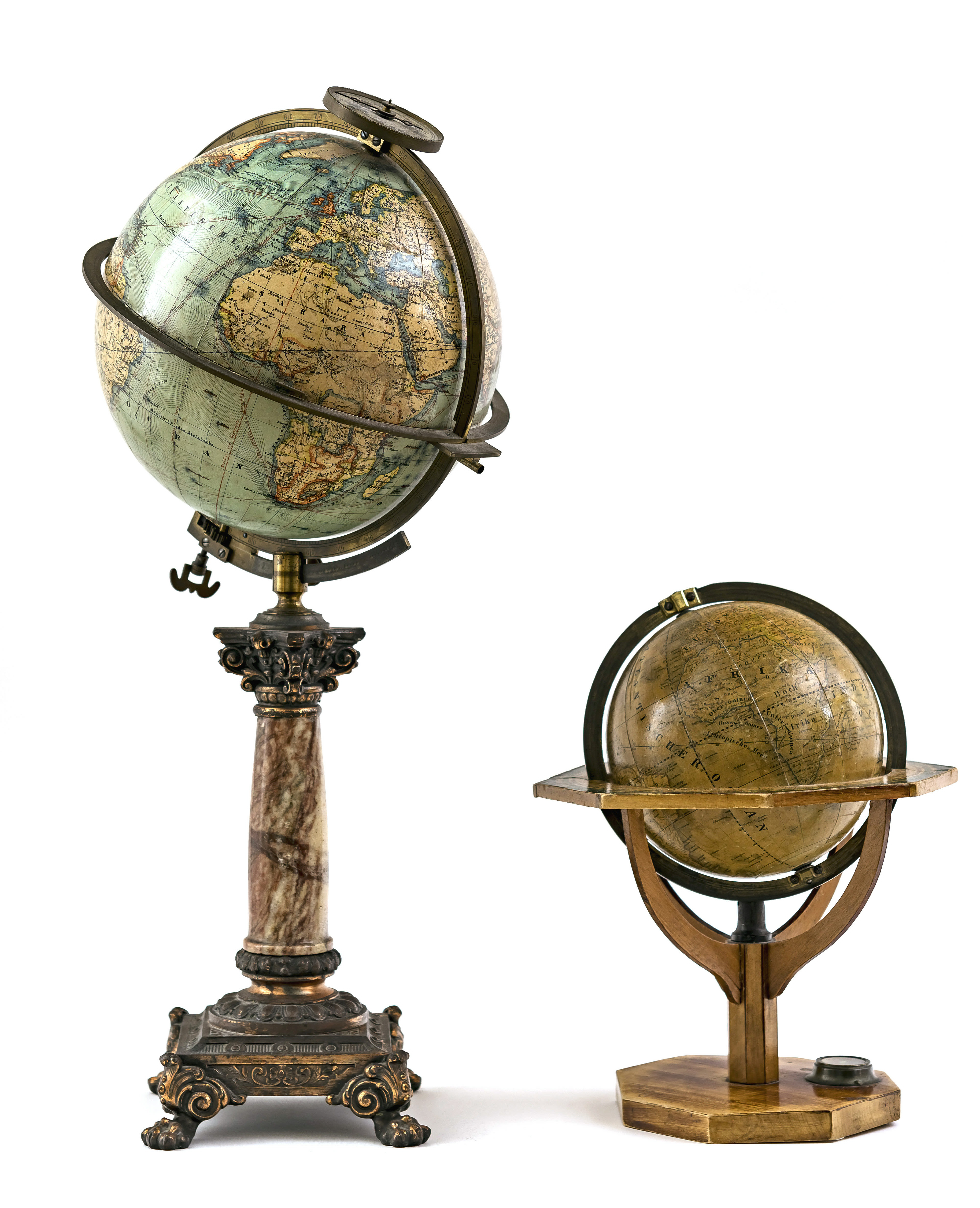 Two terrestrial globes - Berlin / Nuremberg, 19th / 20th century, publishing house of D. Reimer / pu