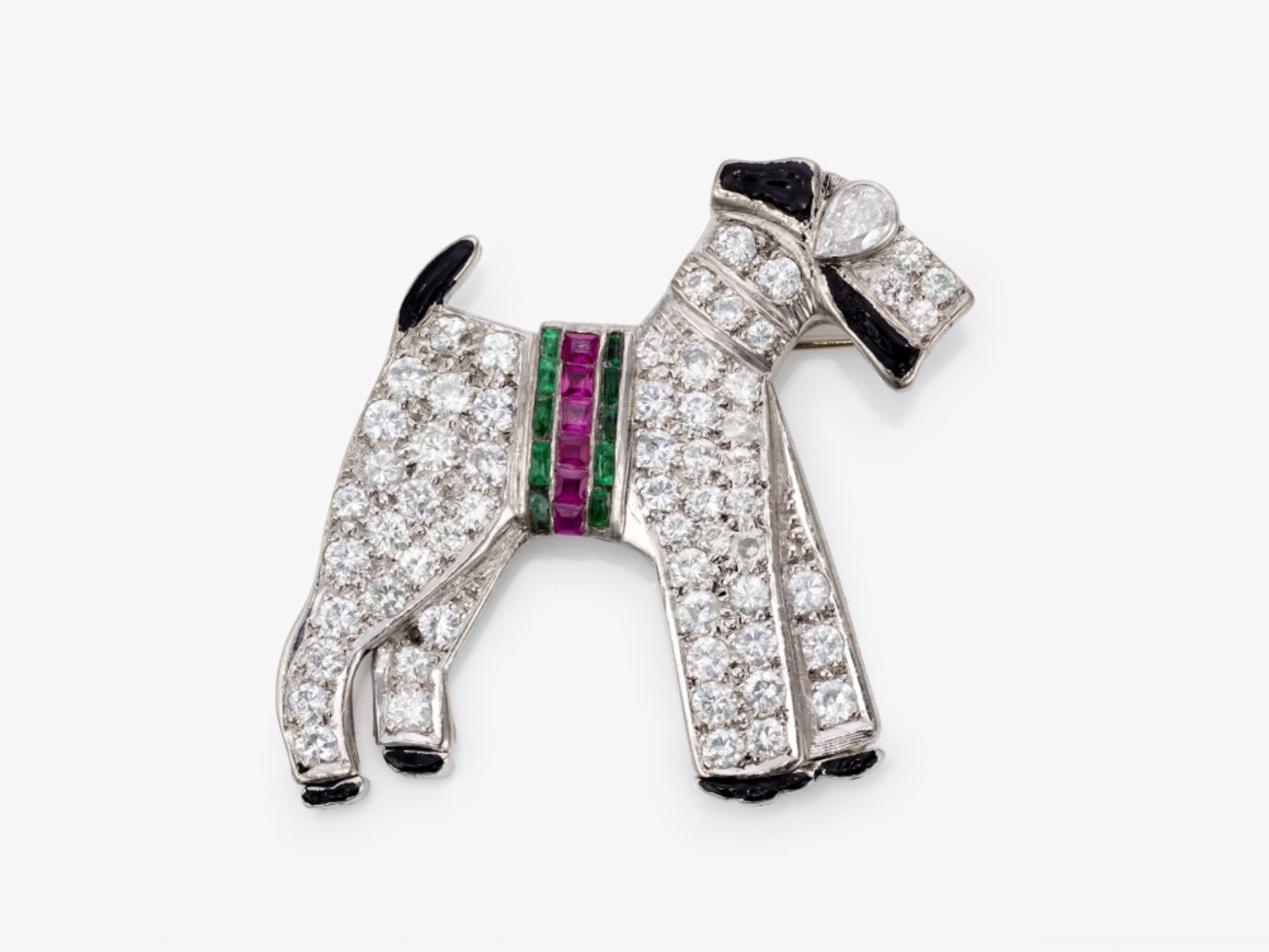 A ''Terrier'' dog brooch decorated with brilliant-cut diamonds, rubies, emeralds and enamel - France