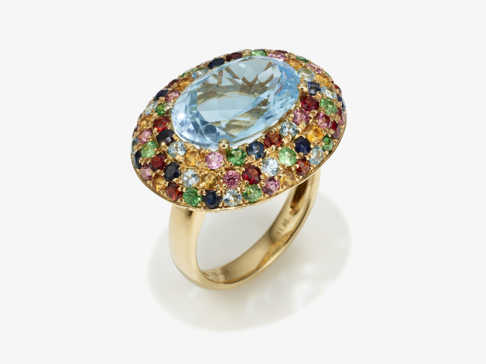 A cocktail ring decorated with a large topaz and multi-coloured gemstones - Germany  - Image 2 of 2