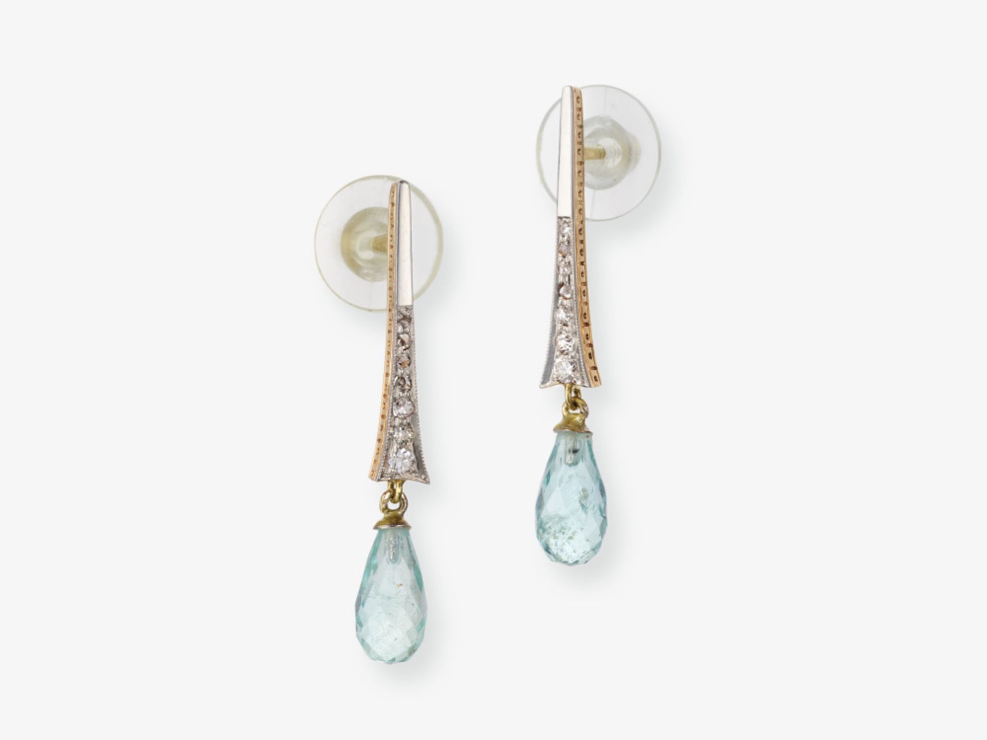 A pair of aquamarine and diamond drop earrings