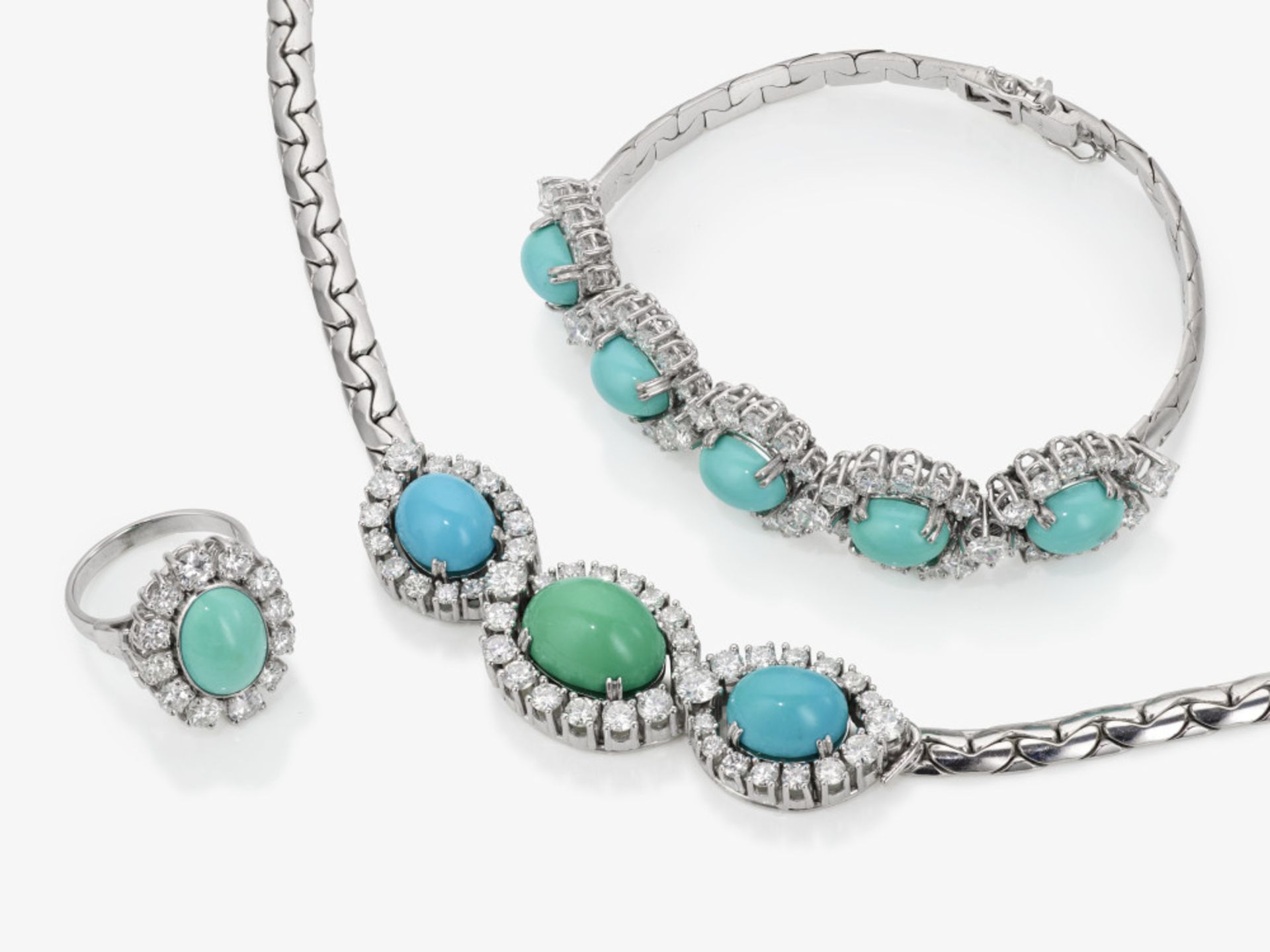 A necklace, bracelet and ring with turquoises and brilliant-cut diamonds