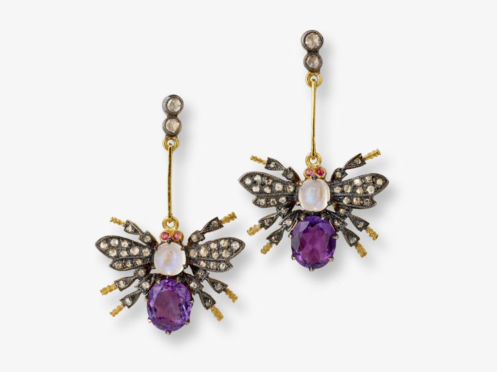 A pair of ''bee'' drop earrings decorated with rose-cut diamonds, amethysts, moonstones and rubies 