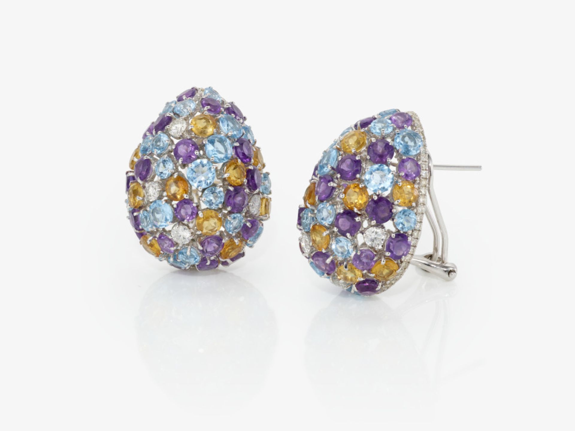 A pair of stud earrings decorated with brilliant cut diamonds, amethysts, citrines and topazes  - Ge