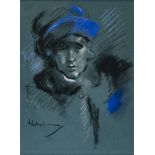 Hugo von Habermann - Dame mit blauem Hut