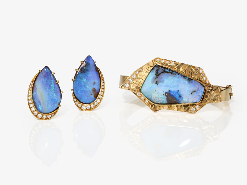 A bangle and a pair of clip earrings with boulder opals and brilliant-cut diamonds - Austria, circa 