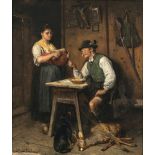 Adolf Eberle - Jäger bei der Suppe Das erlegte Reh zu seinen Füßen, eine Magd gerade das Brot schnei