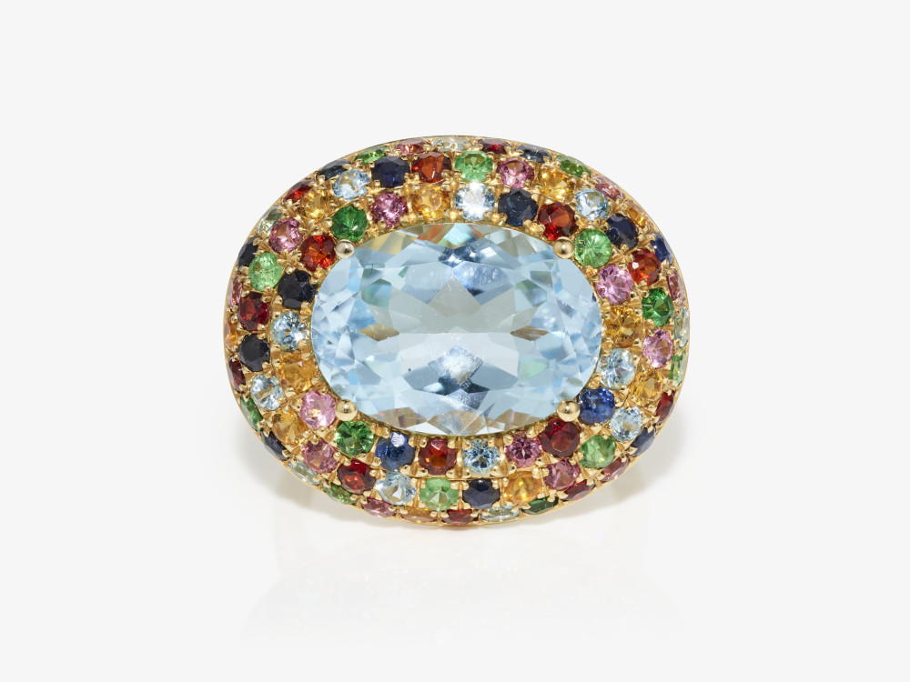 A cocktail ring decorated with a large topaz and multi-coloured gemstones - Germany 