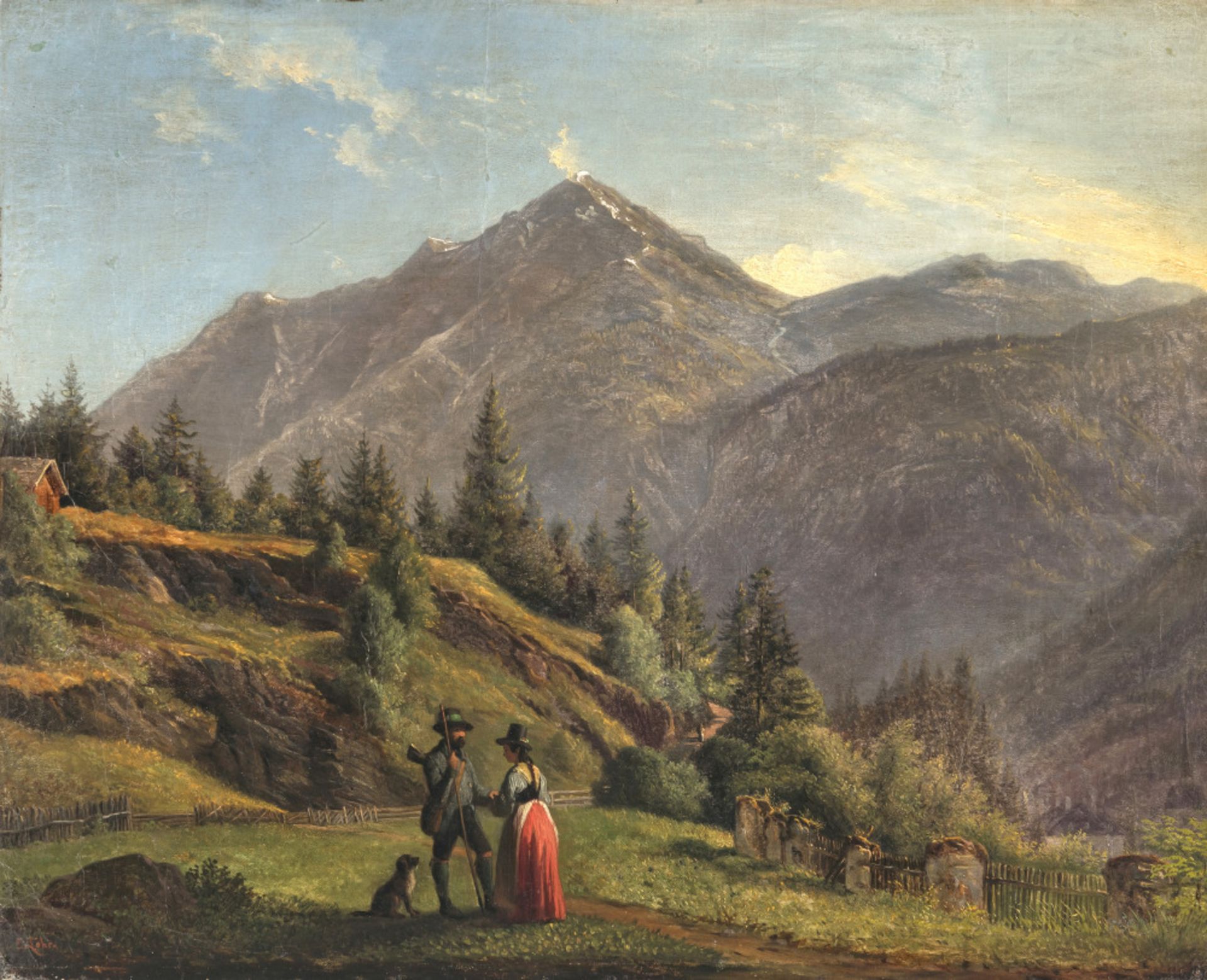 Emil Ludwig Löhr - Gebirgslandschaft mit Jäger und Dirndl 