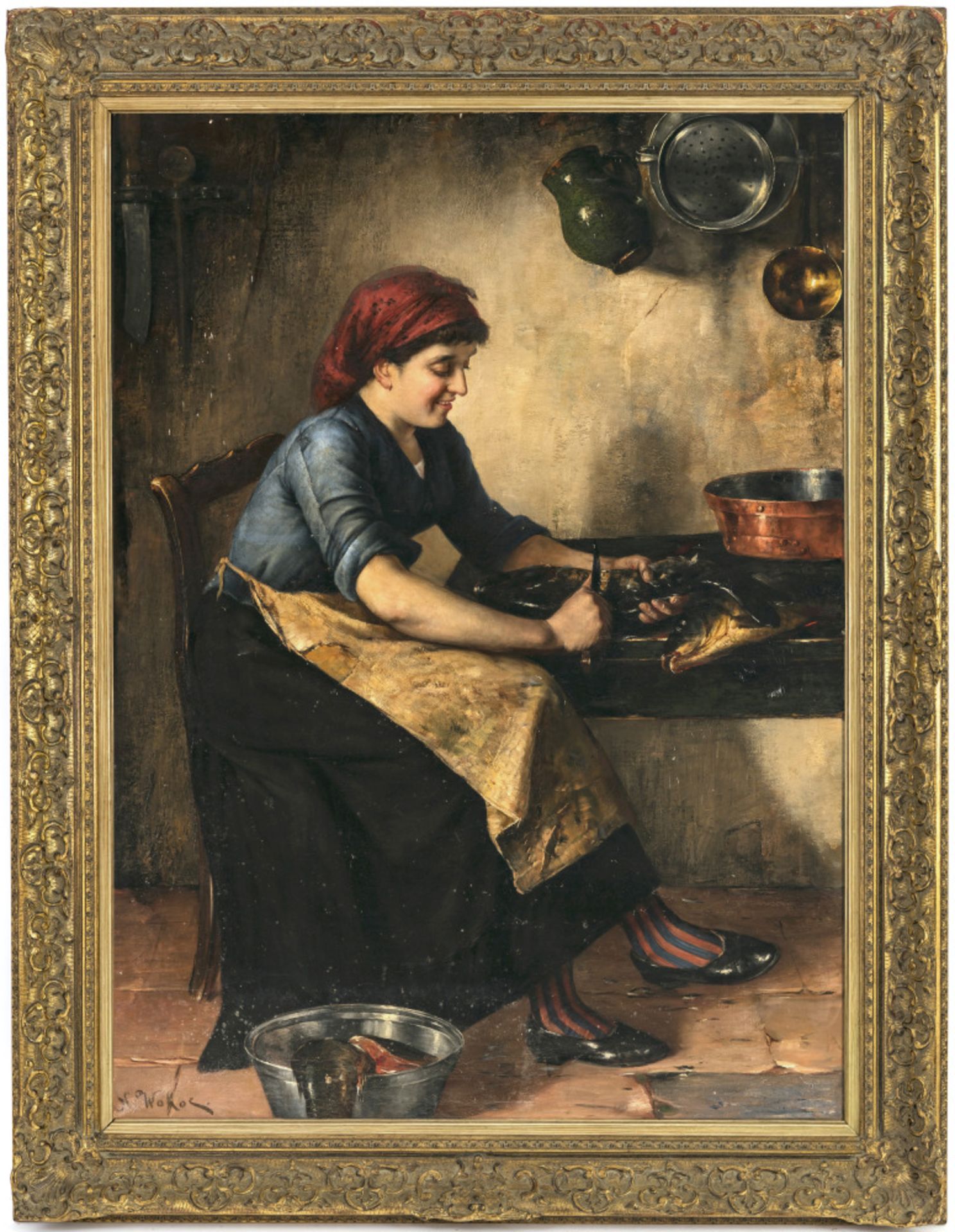 Nikolaos Vokos - Magd in der Küche, beim Schuppen eines Fisches  - Bild 2 aus 3