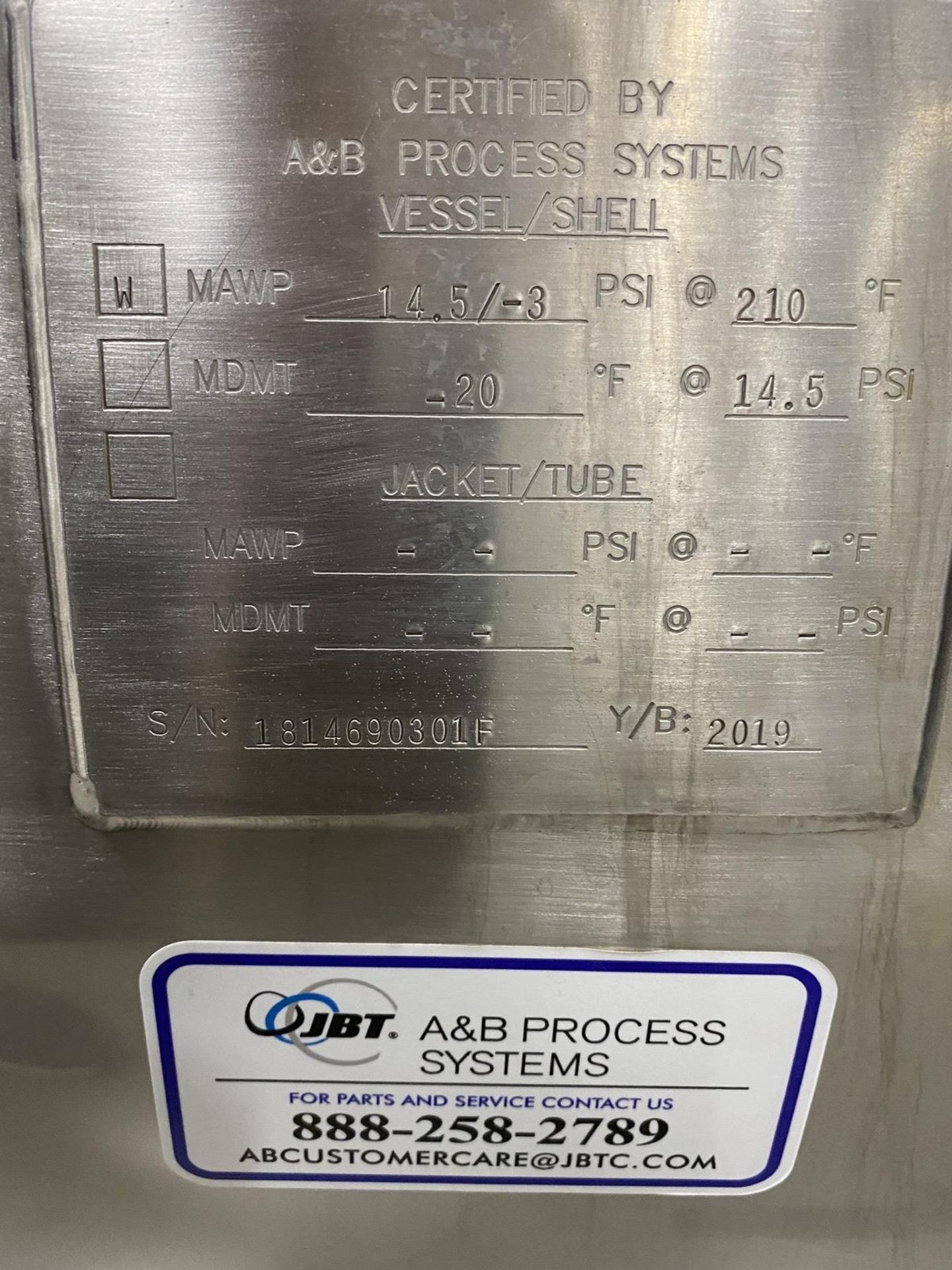 2019 A&B Process Systems 1,000 Liter Stainless Steel (316L) Skid Mounted Tank, 14. | Rig Fee: $200 - Image 5 of 6