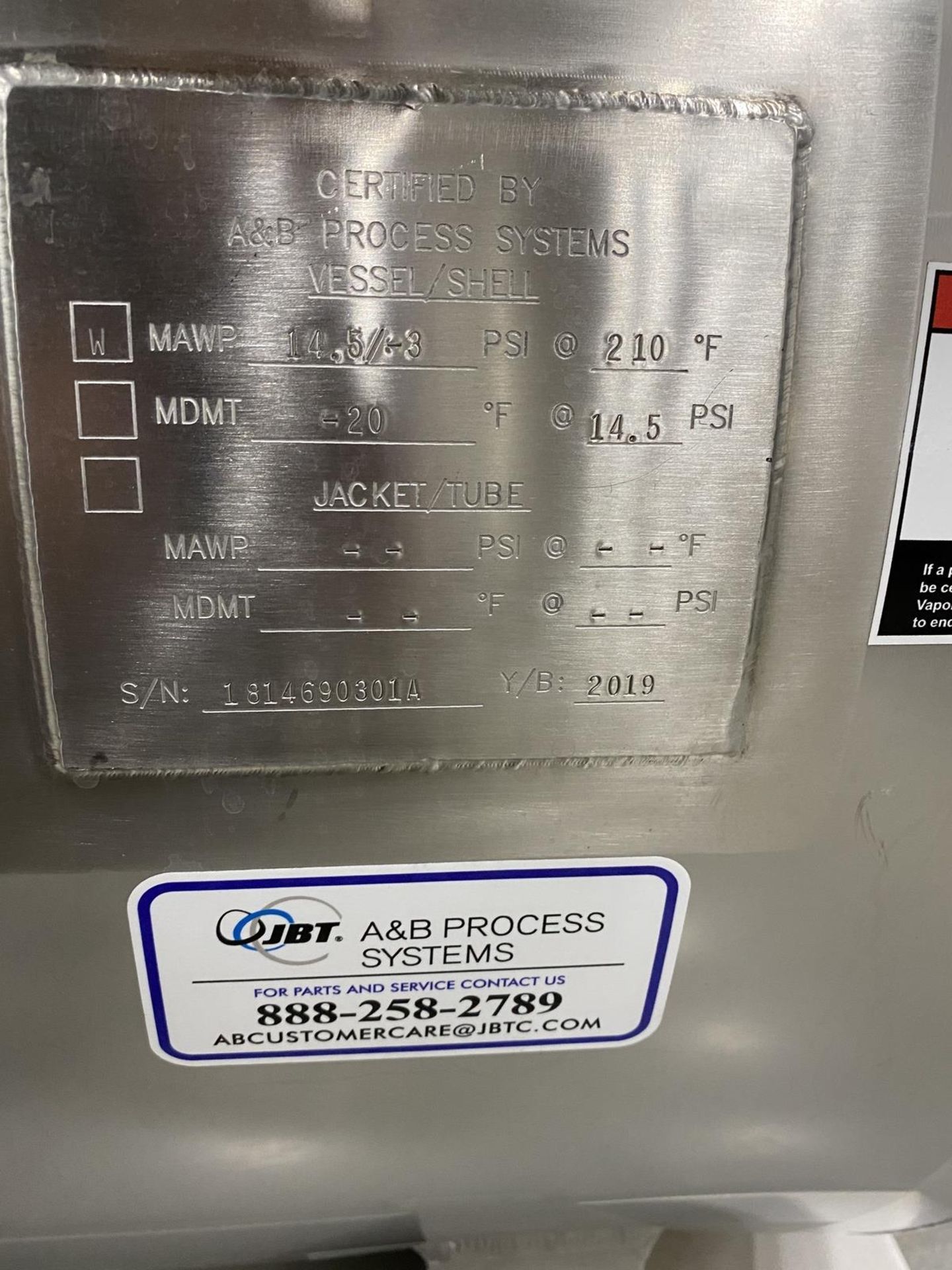 2019 A&B Process Systems 1,000 Liter Stainless Steel (316L) Skid Mounted Tank, 14. | Rig Fee: $200 - Image 3 of 5