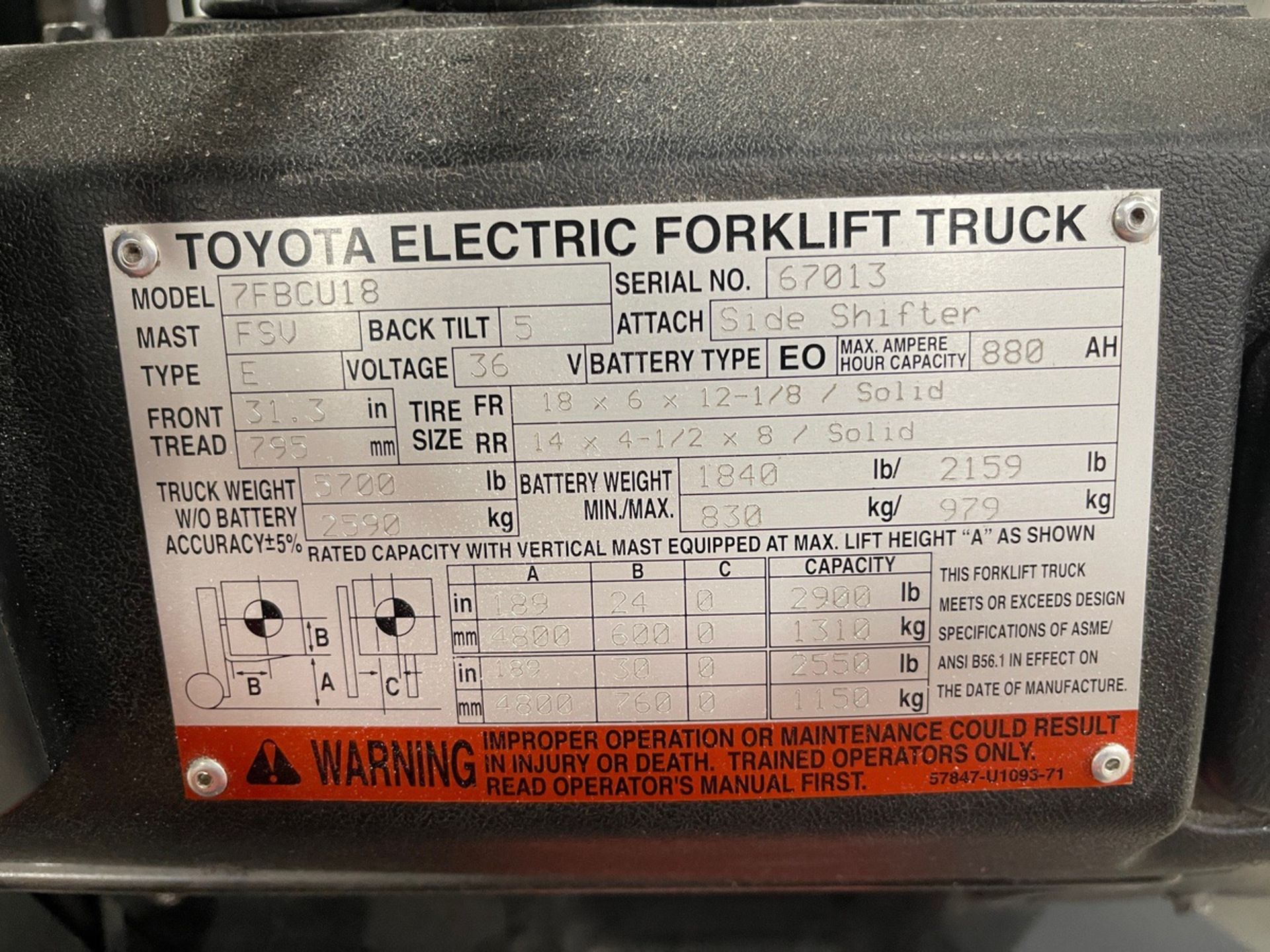 2013 Toyota Electric Fork Truck, Model 7FBCU18, S/N 67013, 3-Stage Mast, ROPS; with | Rig Fee $100 - Image 3 of 3