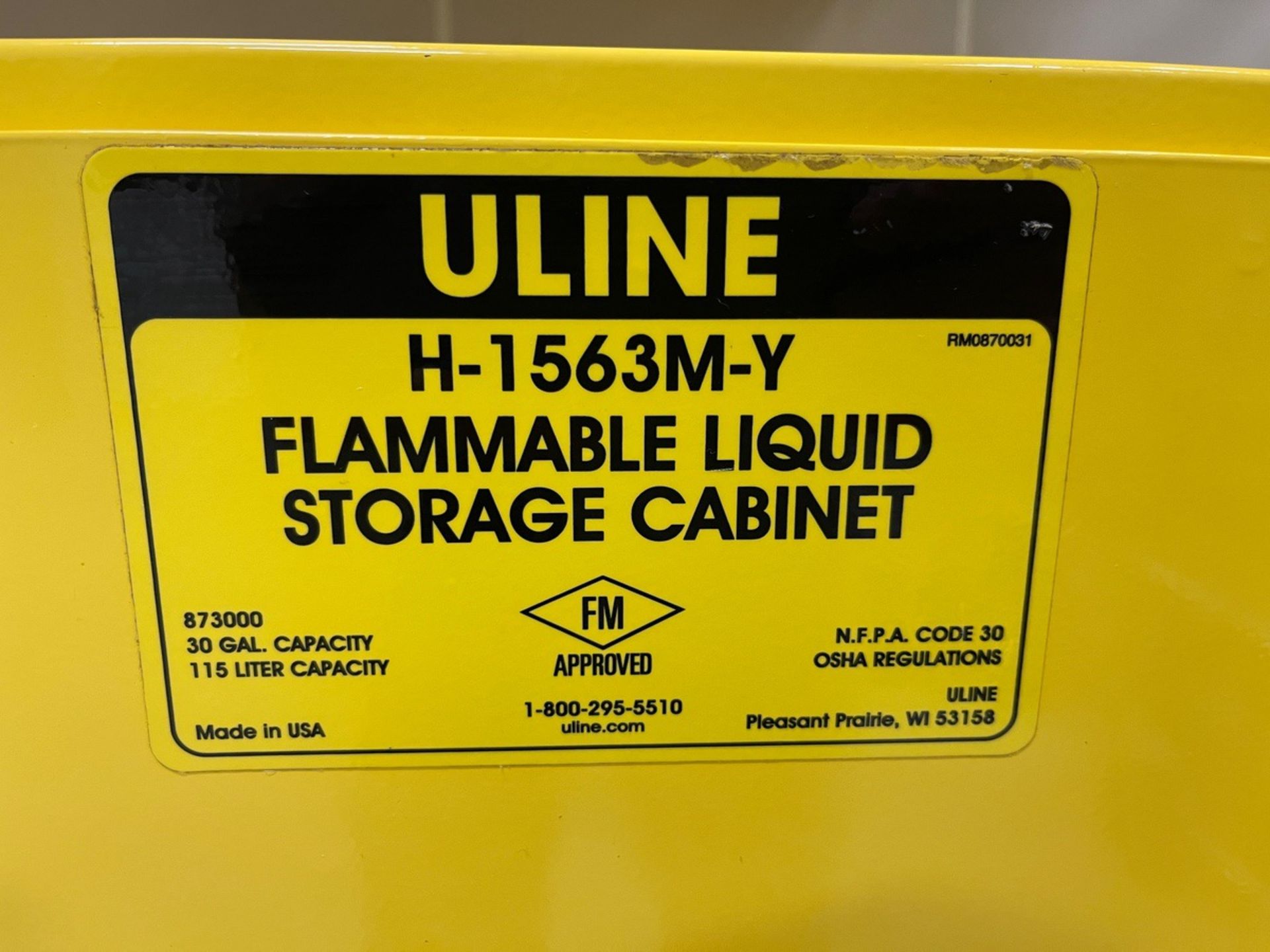 ULINE 30 Gallon Capacity Flammable Liquid Storage Cabinet, Model H-1563M-Y | Rig Fee $100 - Image 2 of 2