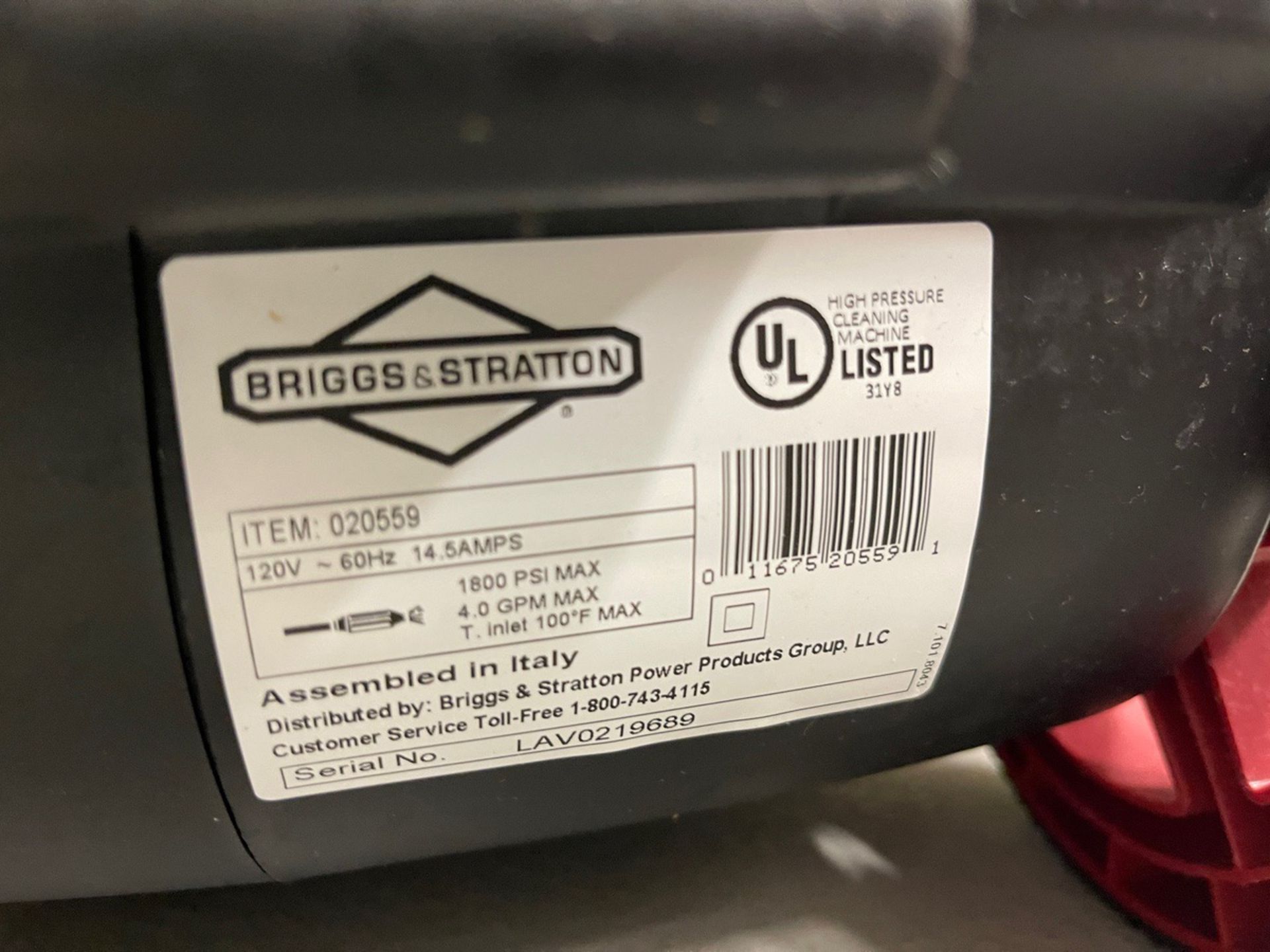 Briggs & Stratton 1800 PSI Pressure Washer, 4GPM, Max Temp 100, S/N LAV0219689 | Rig Fee $50 - Image 2 of 2