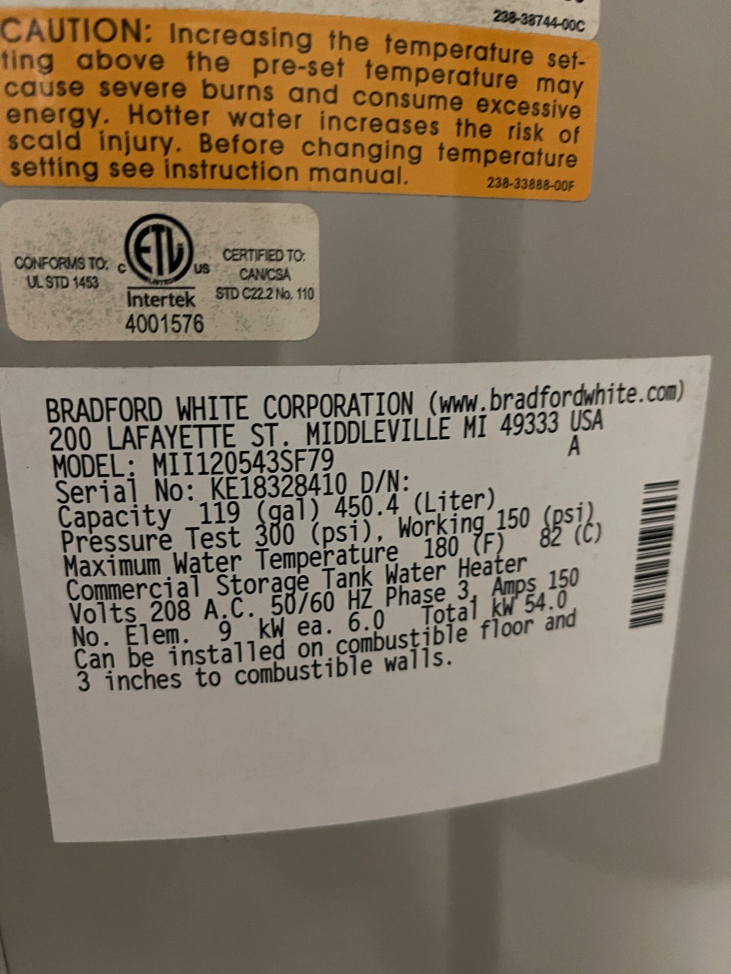 Bradford White 119 Gallon Magnum Series MII1205463SF7 Water Heater, S/N KE18328410 | Rig Fee $150 - Image 3 of 3