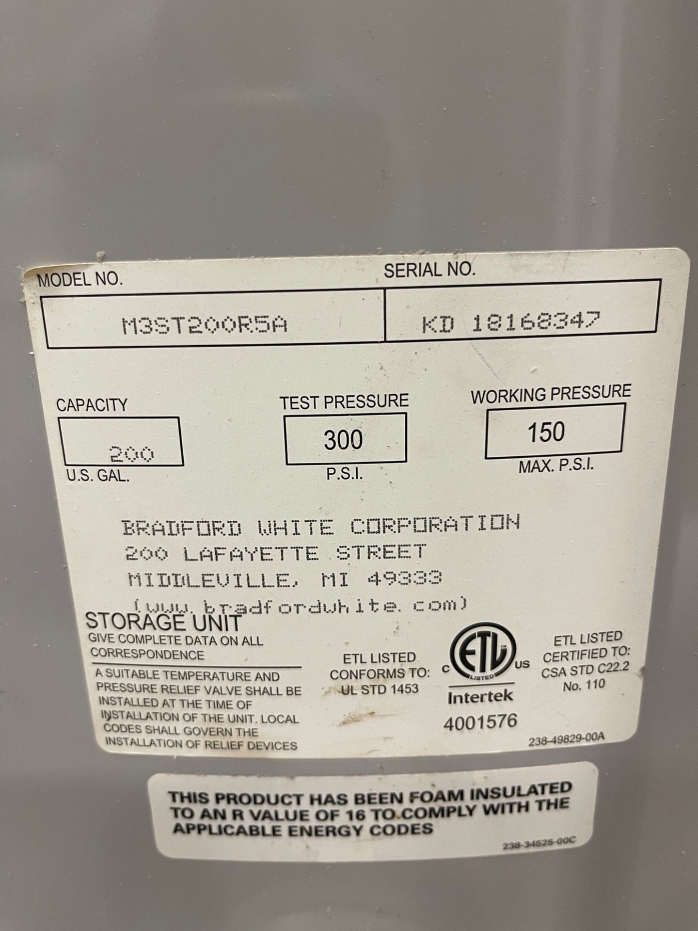 Bradford White 200 Gallon Magnum Series M3ST200R5A Water Heater, S/N KD18168347 | Rig Fee $200 - Image 3 of 3