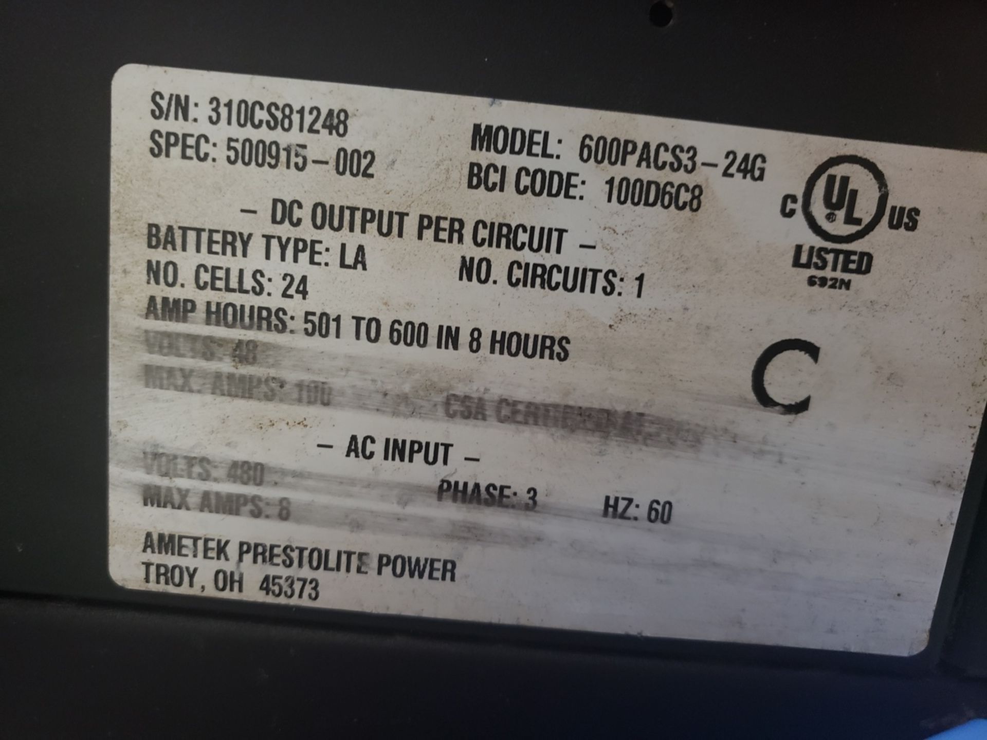 Ametek Prestlite Forklift Battery Charger, 48 Volt, M# 600PACS3-24G, S/N 310CS81248 | Rig Fee $150 - Image 2 of 3