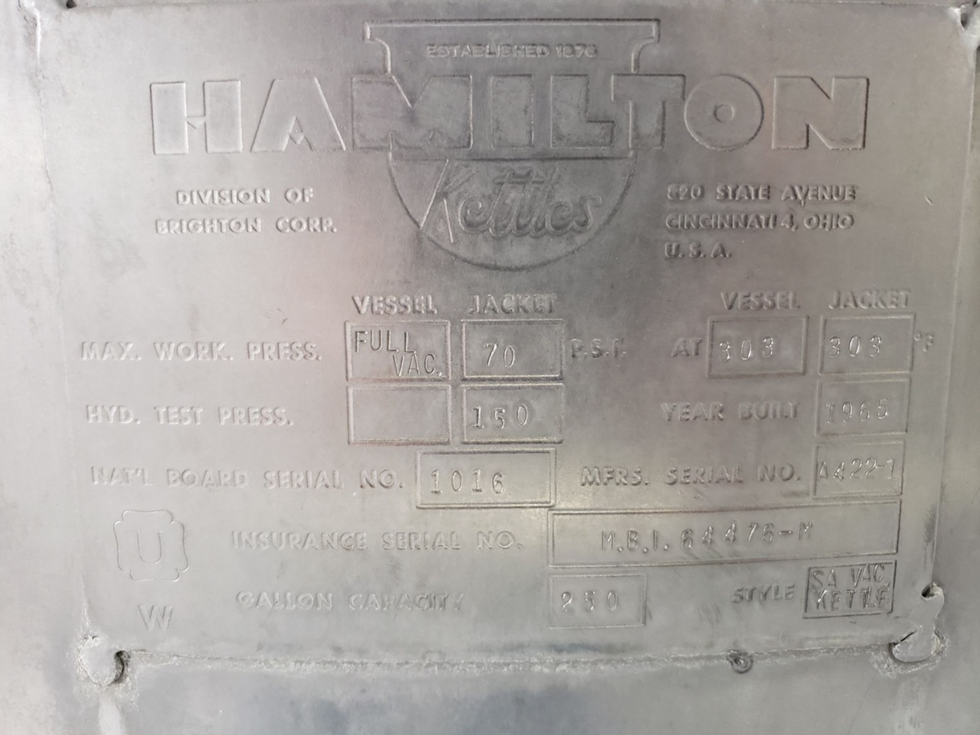 Hamilton 250 Gallon Stainless Steel Jacketed Vacuum Cook Kettle, M# SA VAC KETTLE, S | Rig Fee $1500 - Image 2 of 7