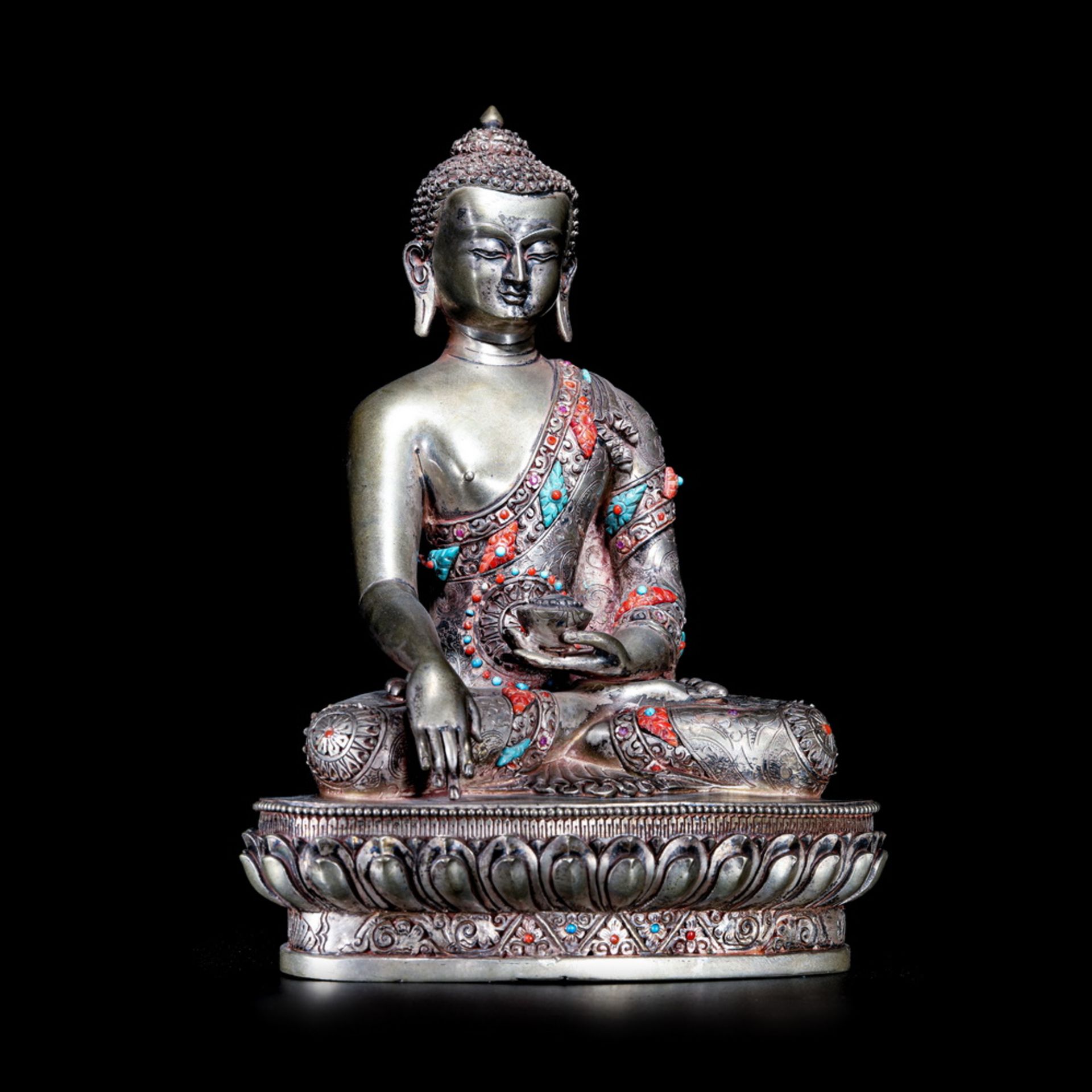 Solid silver gemstone inlaid with Sakyamuni Buddha from the Qing  dynasty - Image 2 of 10