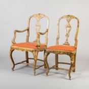 Armlehnstuhl und Stuhl Holz, polychrom