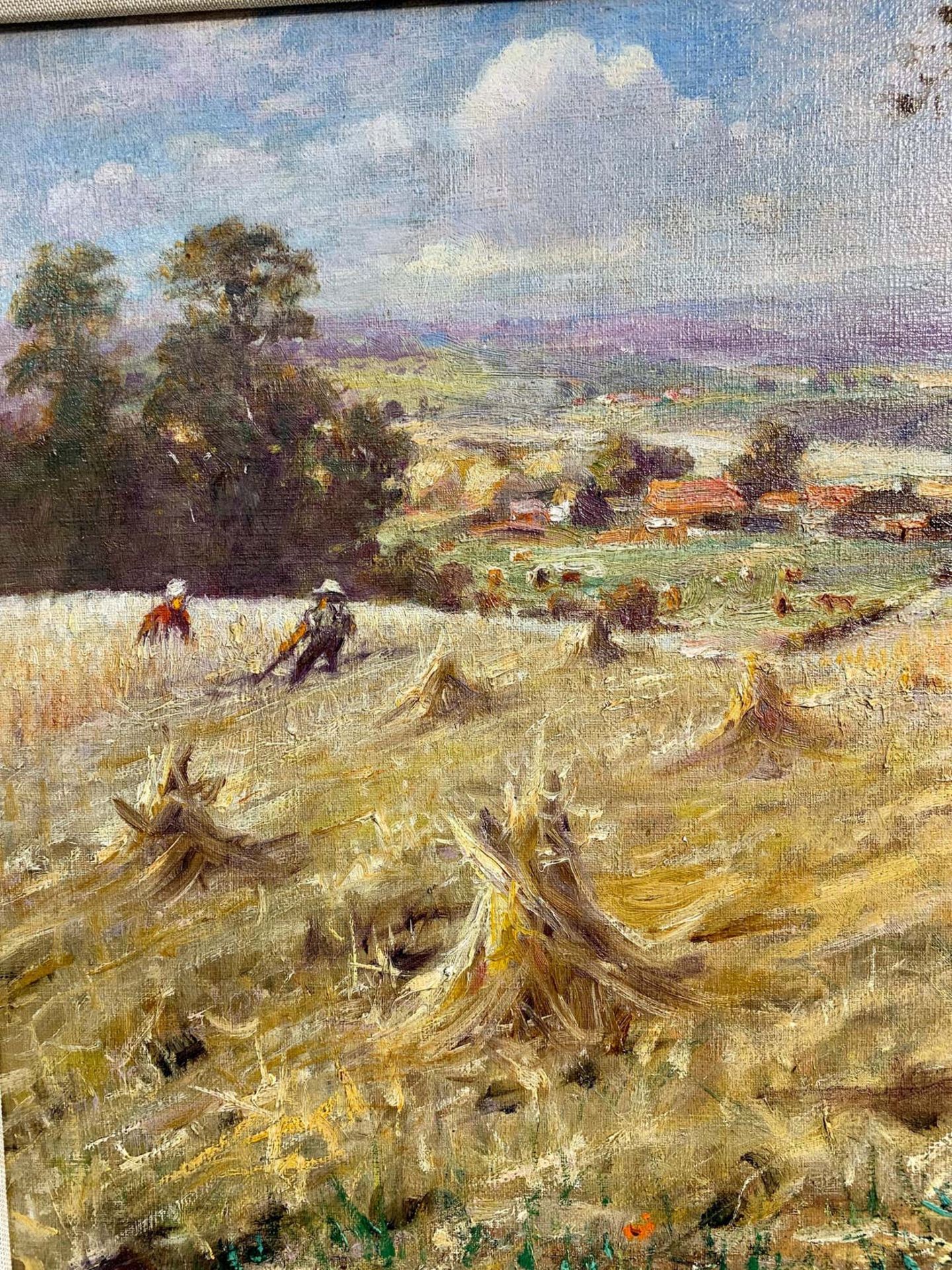 HARVEST LANDSCAPE WITH MAN AND HIS DOG OIL PAINTING - Image 5 of 7