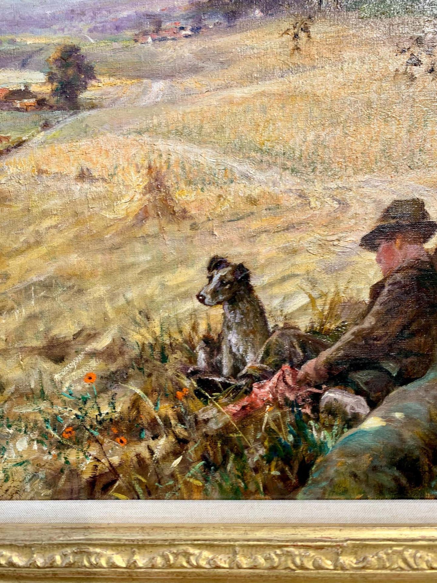 HARVEST LANDSCAPE WITH MAN AND HIS DOG OIL PAINTING - Image 3 of 7