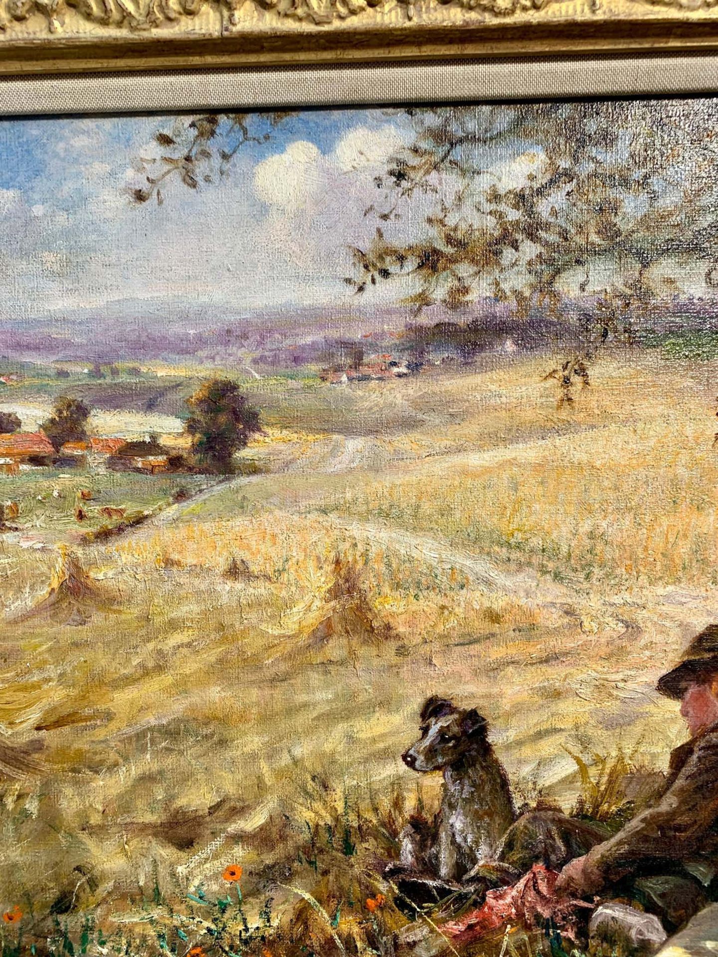 HARVEST LANDSCAPE WITH MAN AND HIS DOG OIL PAINTING - Image 6 of 7