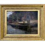 RICHARD HALANDSCAPE WITH FIGURES & BOATS OIL PAINTING