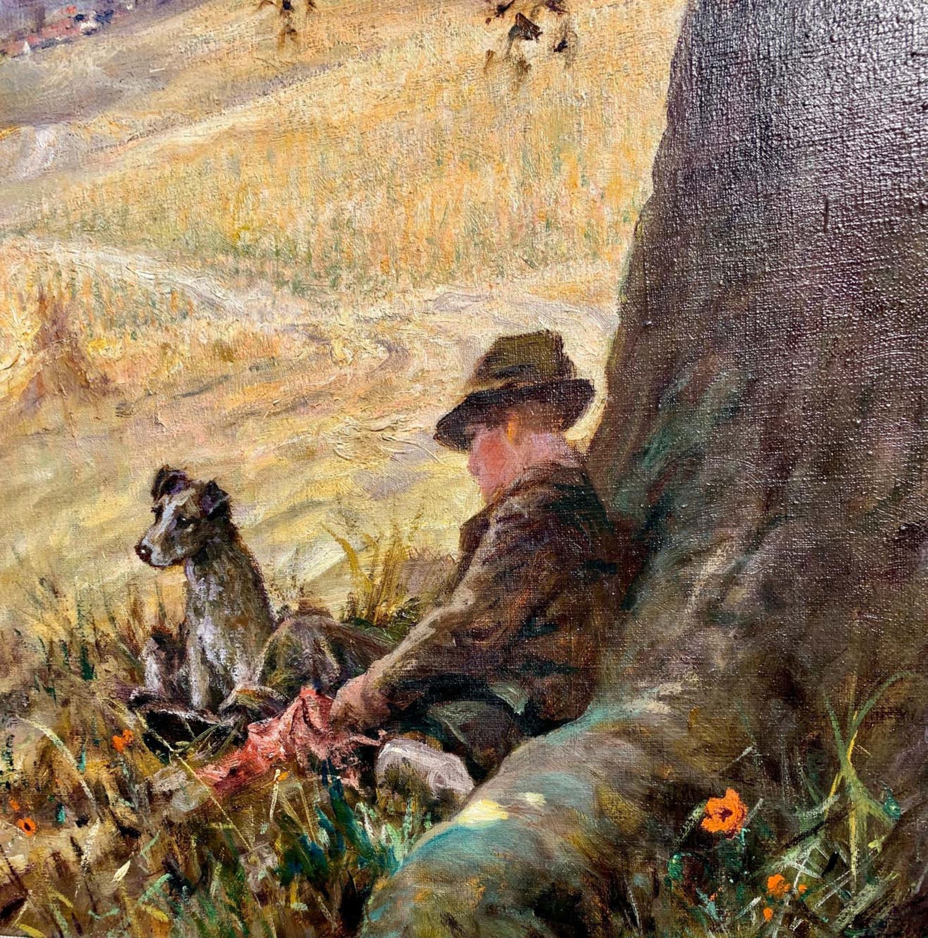 HARVEST LANDSCAPE WITH MAN AND HIS DOG OIL PAINTING - Image 2 of 7