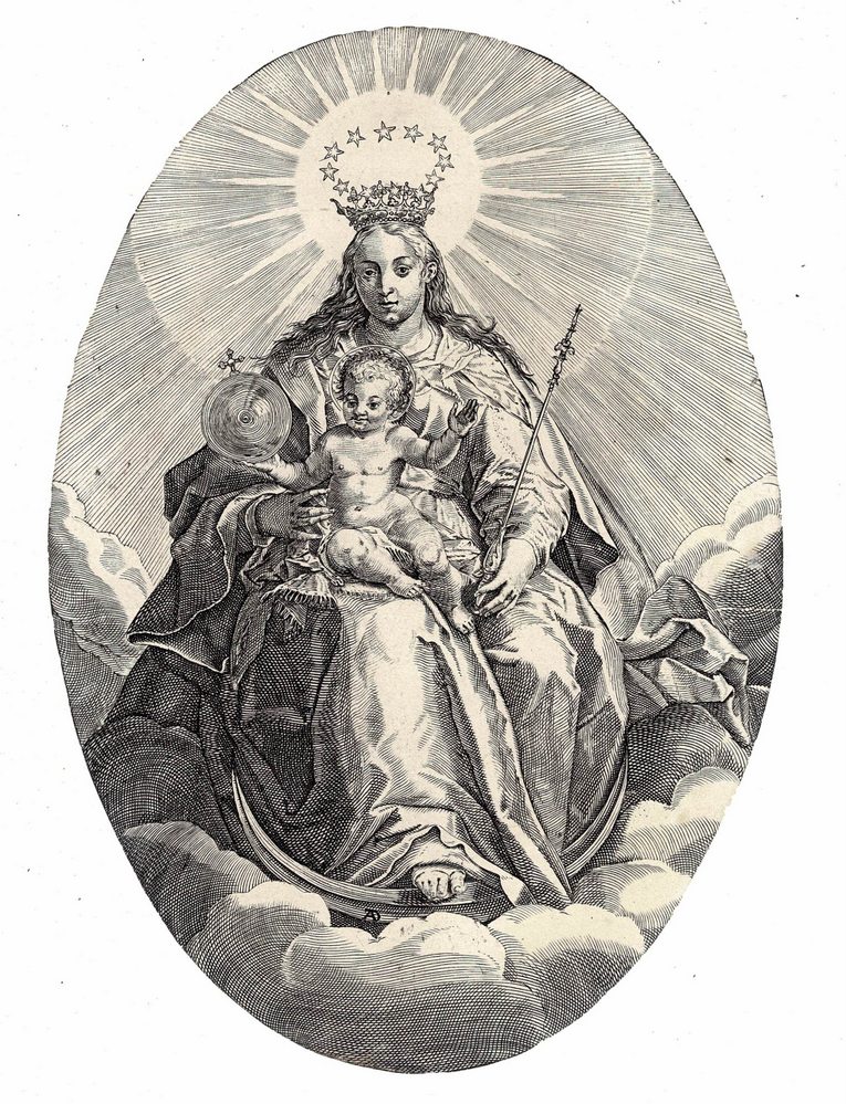 Jan Sadeler after, Crowned Virgin with Chris child on a a crescent moon