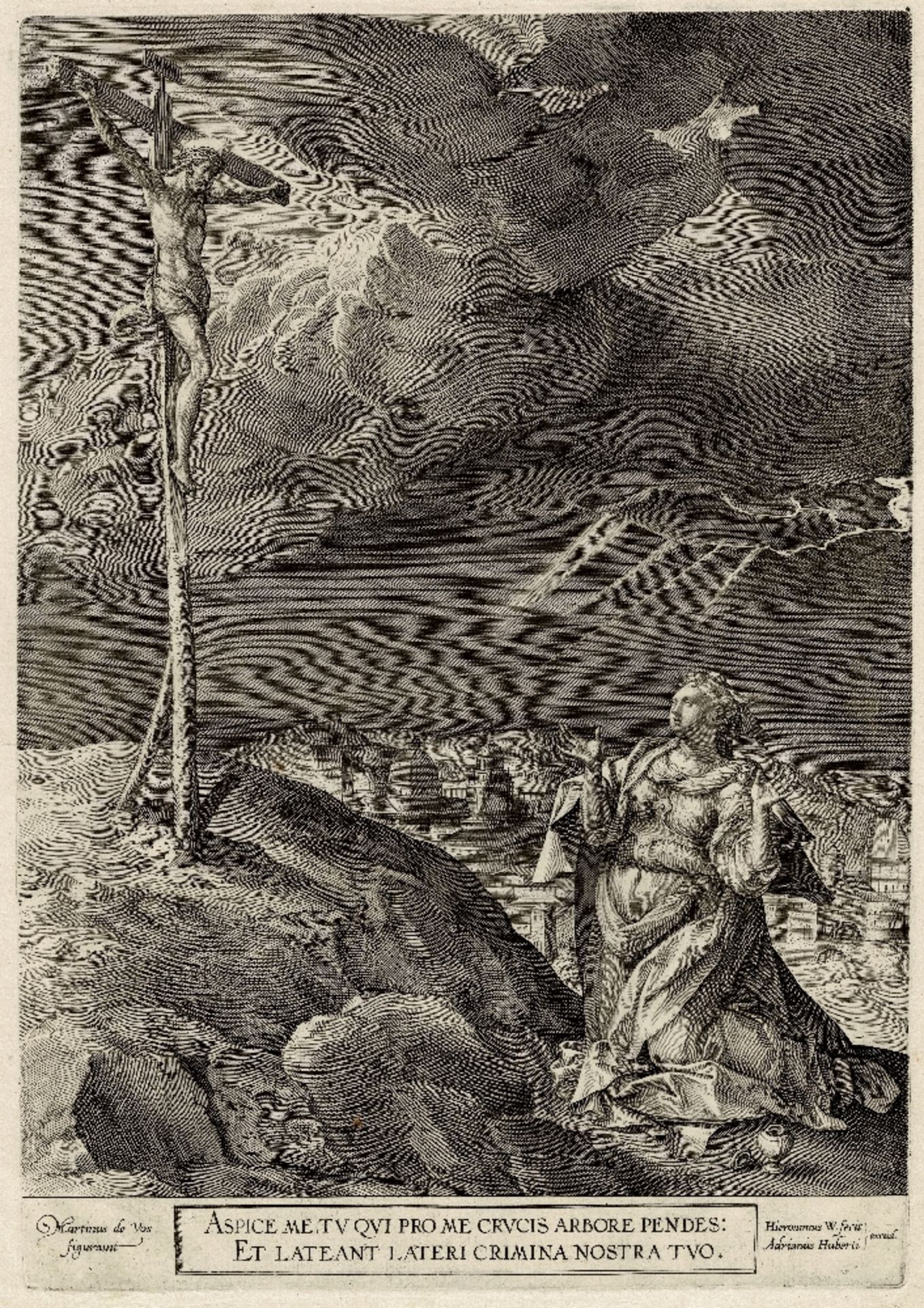 Hieronymus Wierix, Maerten de Vos - Christ on cross with St.Magdalene - 1584