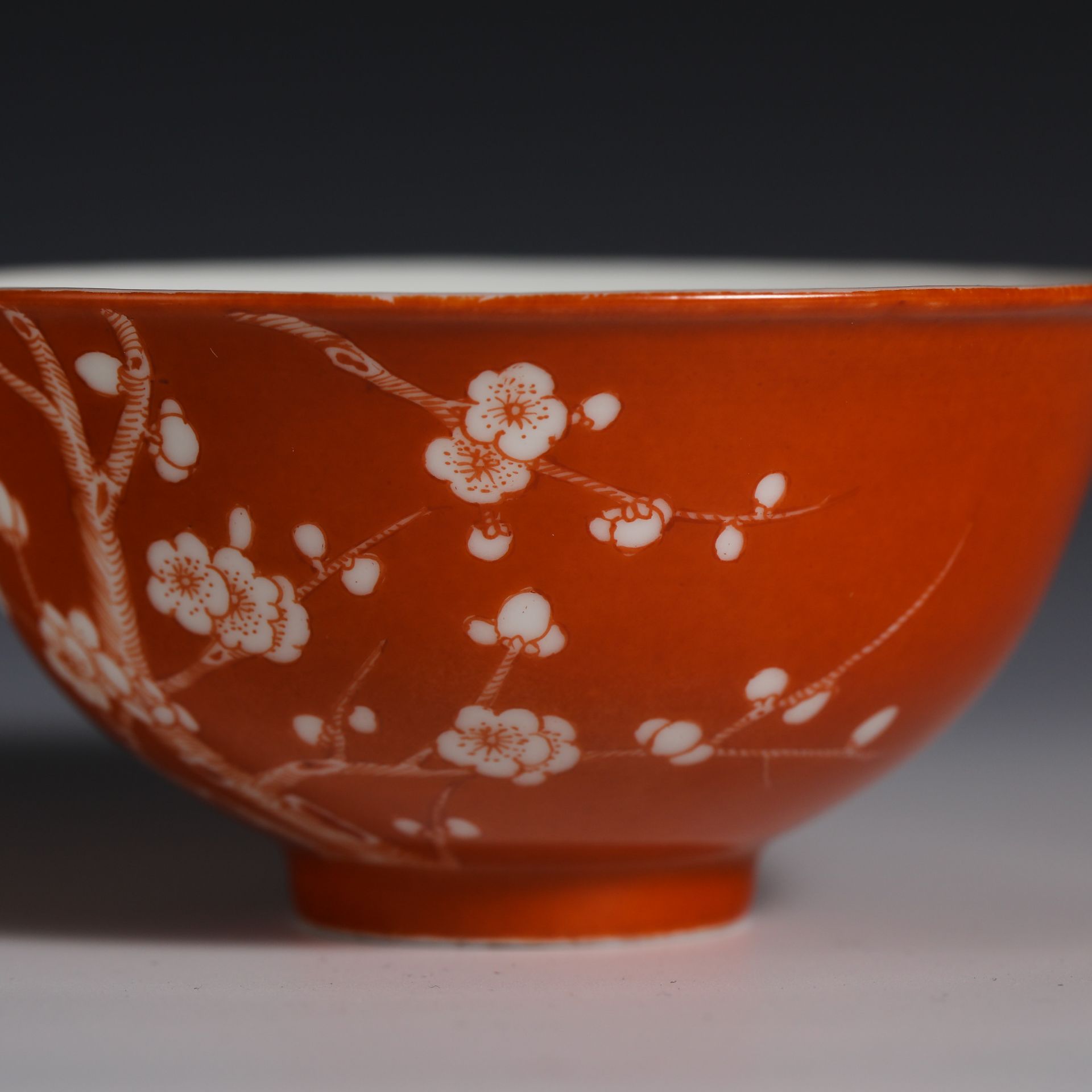 19th Century Coral Red Ground Ice Plum Bowl - Image 2 of 7