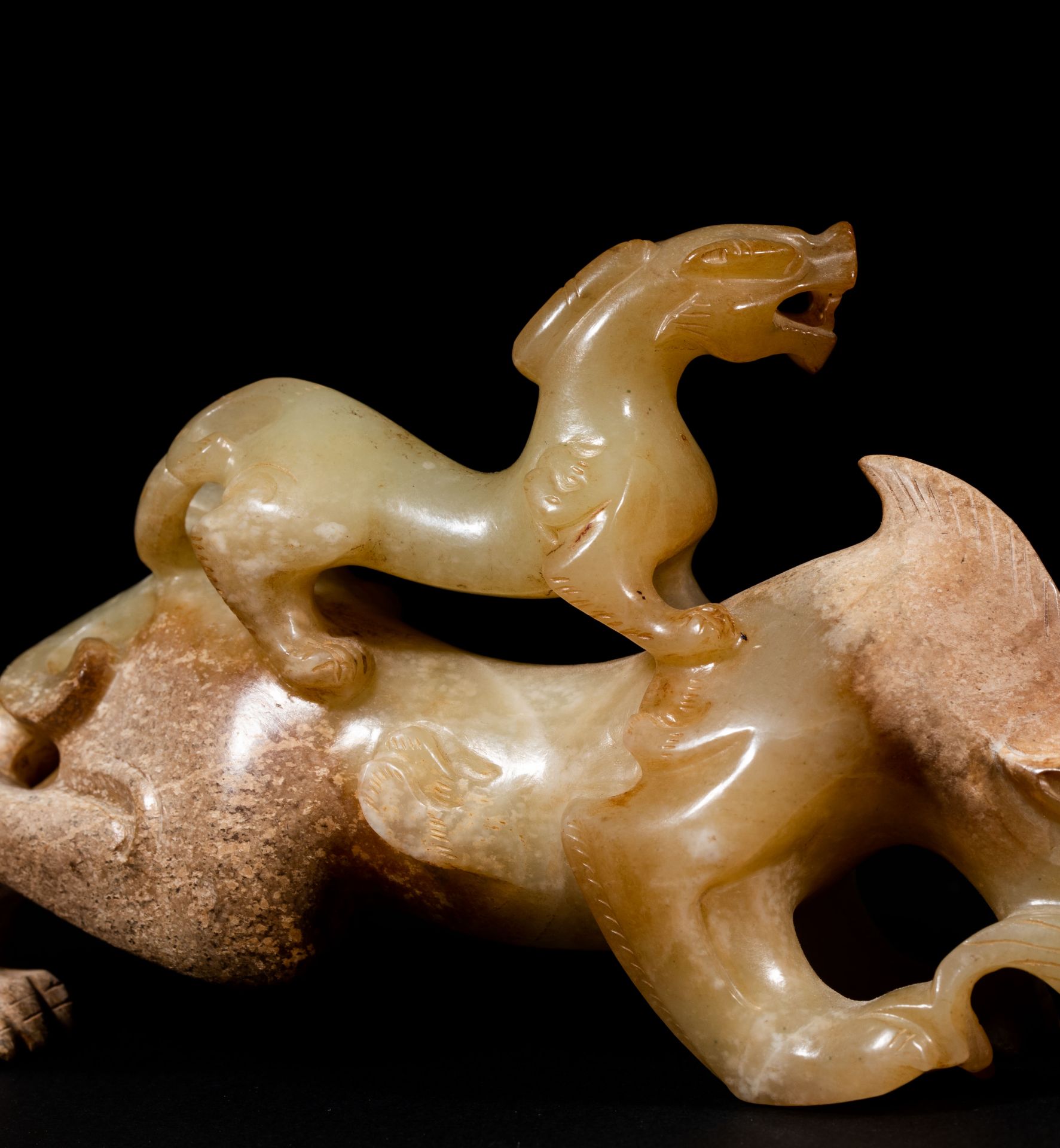 Chinese Han Dynasty Hetian Jade Child and Mother Beast - Image 4 of 7