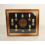 WW1 Framed Death Penny, 6 Medals and 2 Cap Badges Reserve: œ320 #1806