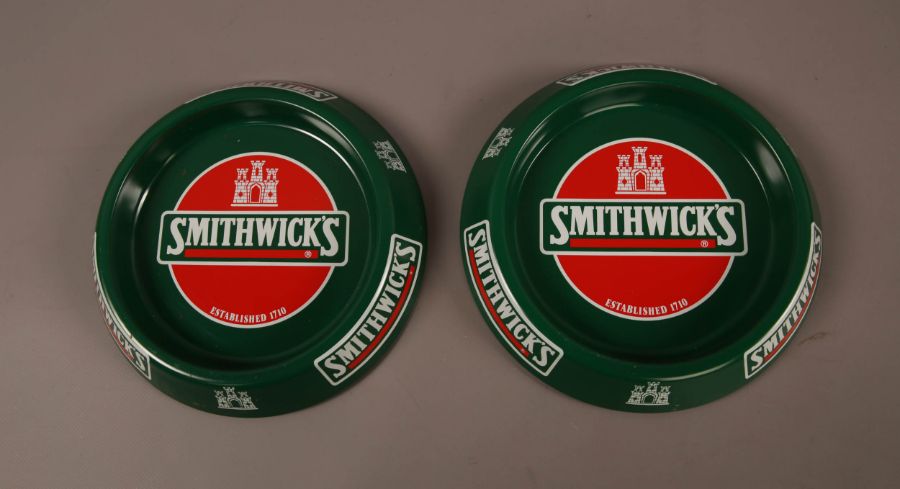 2 Smithwick's Green and Red Tin Ashtrays