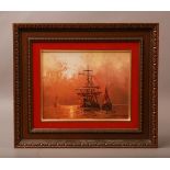 Oil Painting of Ships at Sunset Framed #160
