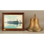 A Brass Ship bell 38cm High & 39cm Wide and a picture of the boat it came from 40cm x 49cm