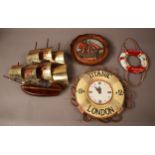 4 Maritime Wall Decorations -1 Clock -"Barbados" Wood Mount -"Chusan" Life Saver - Metal and Wood