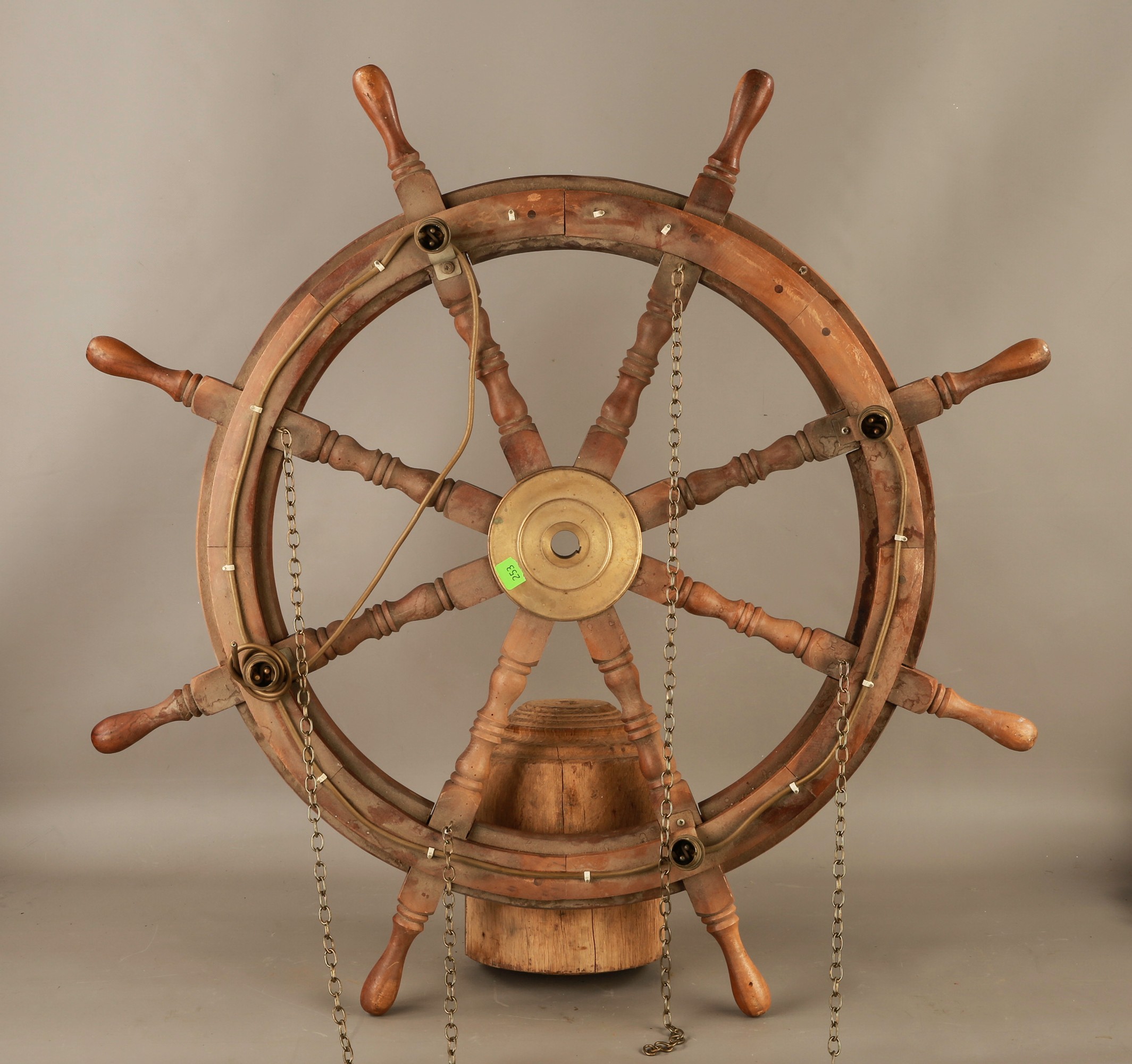 Antique Wood and Brass Ships Wheel Converted into Chandelier 64cm Dia #253