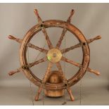 Antique Wood and Brass Ships Wheel Converted into Chandelier 64cm Dia #253