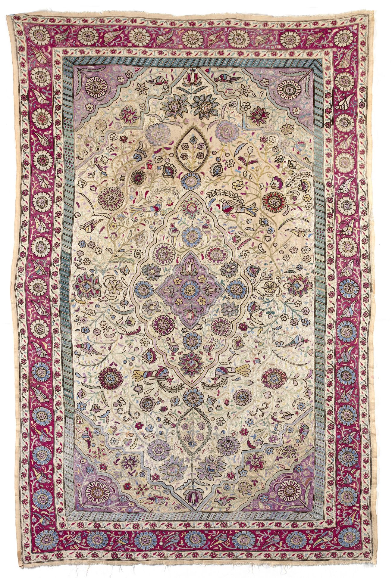 A SILK CAUCASIAN EMBROIDERED PRAYER RUG, SAFAVID, AZERBAIJAN, 18TH CENTURY