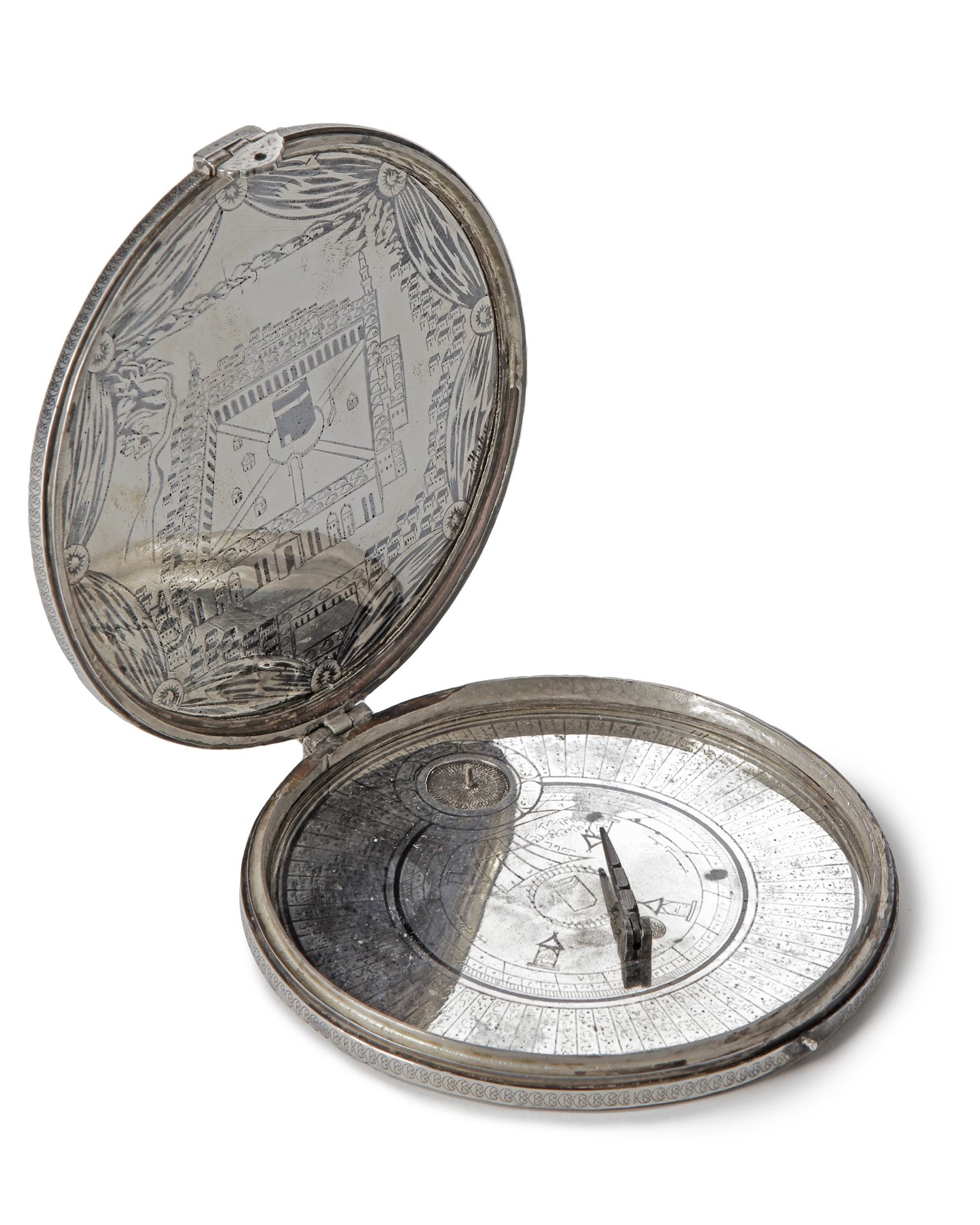 A SILVER PORTABLE FOLDABLE OTTOMAN QIBLA FINDER WITH COMPASS AND DOUBLE SUNDIAL, 19TH CENTURY - Image 3 of 7