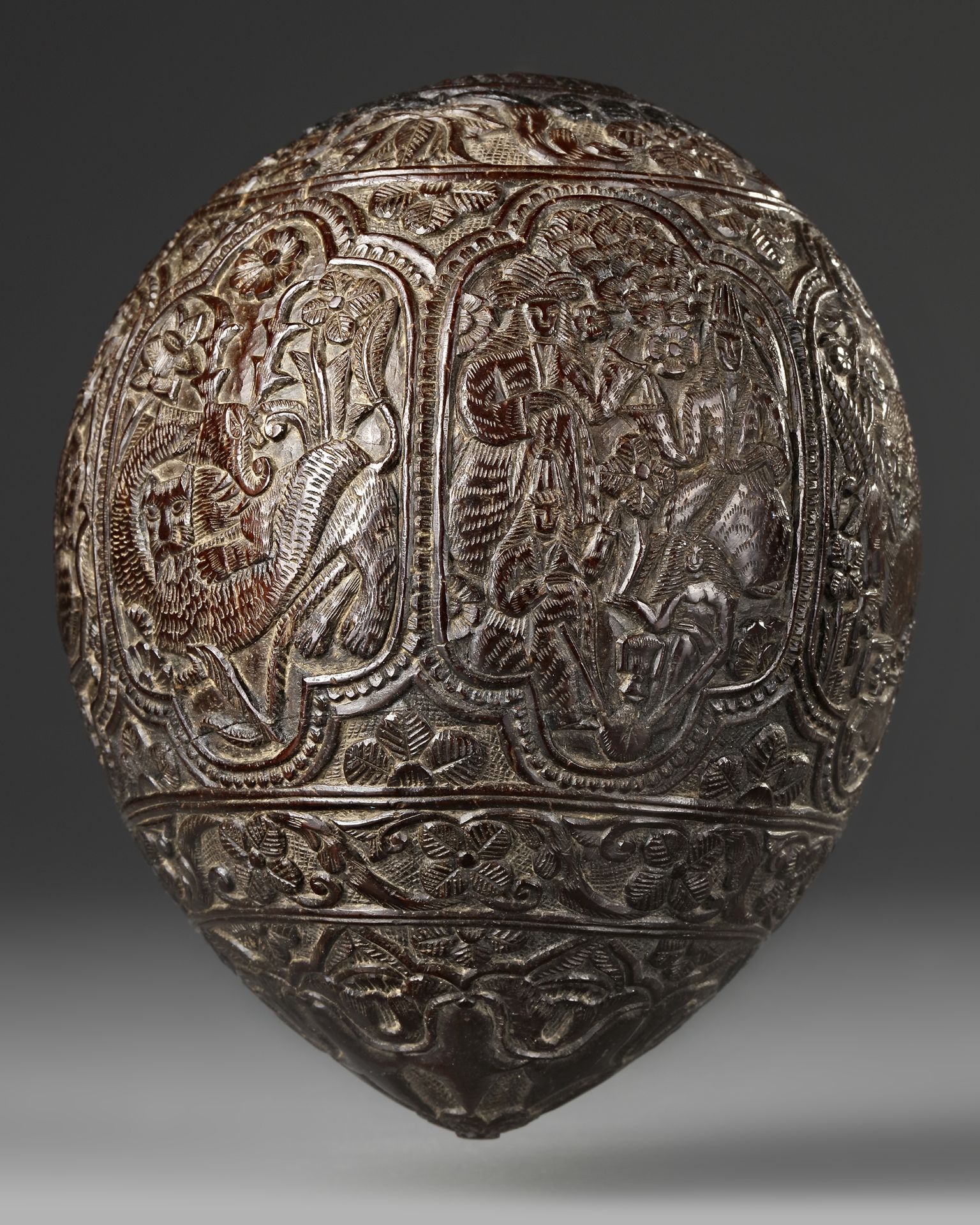 A QAJAR CARVED COCONUT HUQQA BASE, PERSIA, EARLY 19TH CENTURY - Image 2 of 9