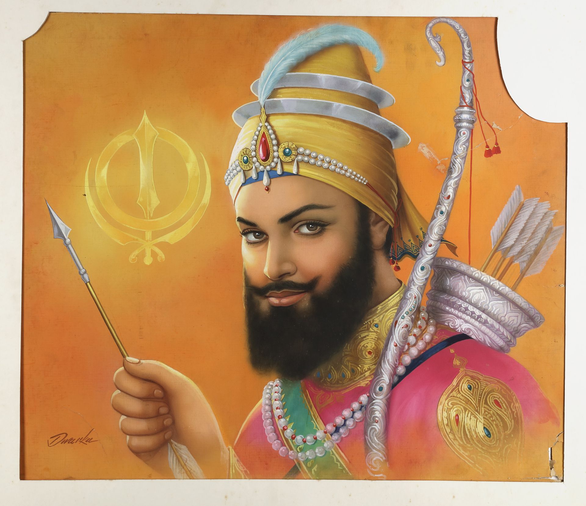 GURU GOBIND SINGH (1675 -1708) HOLDING AN ARROW AND A BOW, BY THE ARTIST DWARKA DASS, INDIA, SECOND