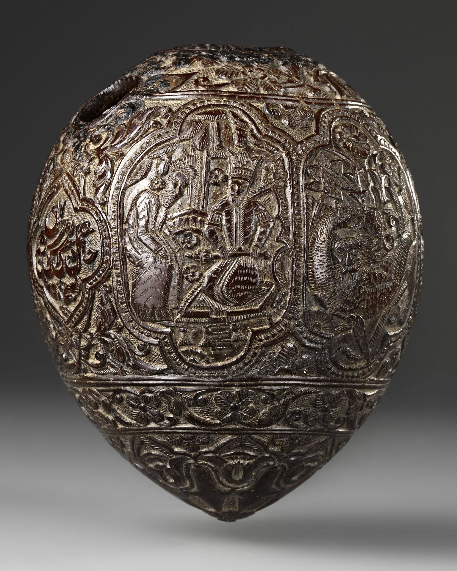 A QAJAR CARVED COCONUT HUQQA BASE, PERSIA, EARLY 19TH CENTURY - Image 3 of 9