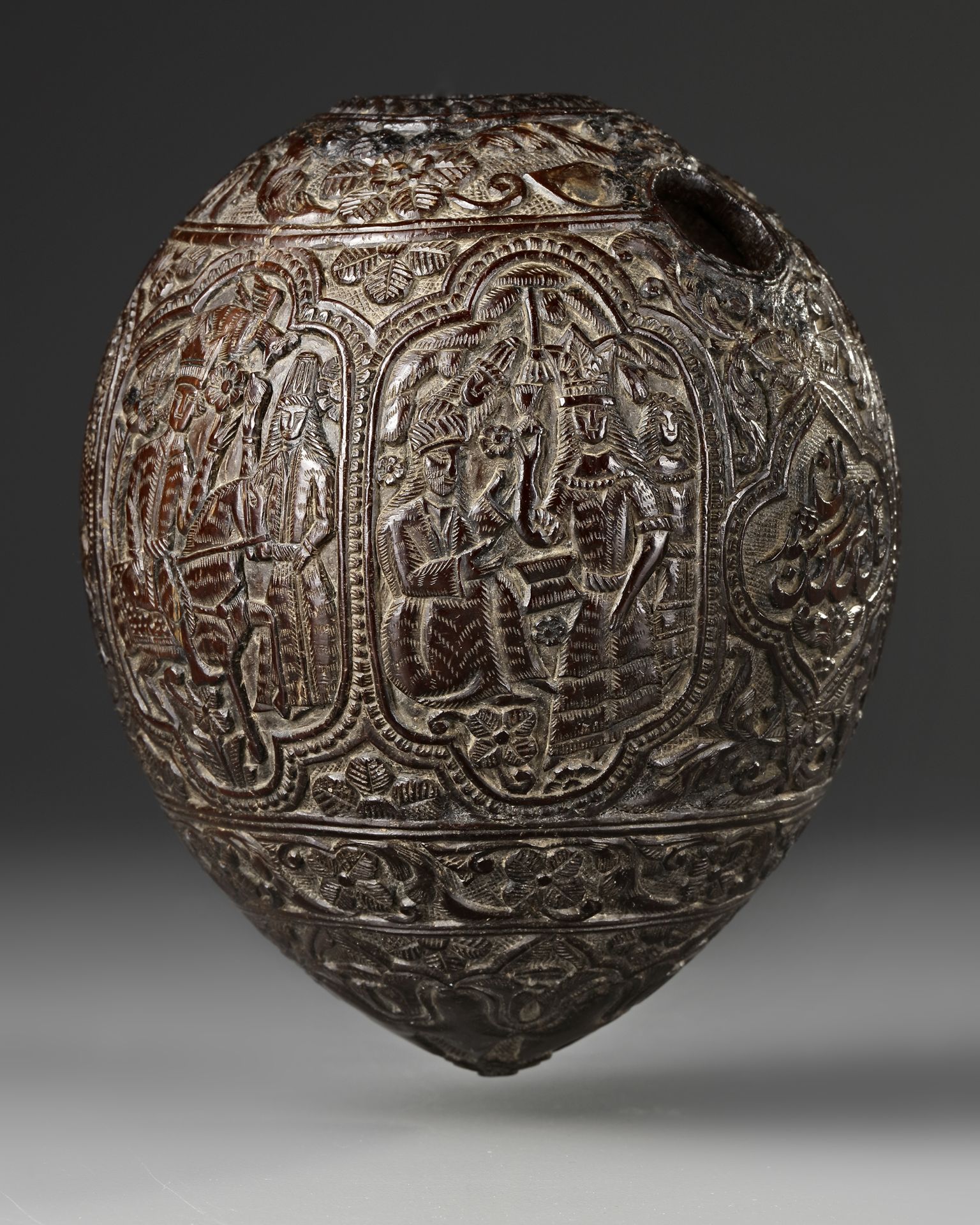 A QAJAR CARVED COCONUT HUQQA BASE, PERSIA, EARLY 19TH CENTURY - Image 4 of 9
